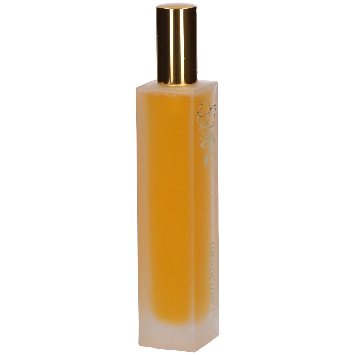 Flacon cylindrique avec vaporisateur doré. Liquide jaune visible. Inscription : i.am.klean.