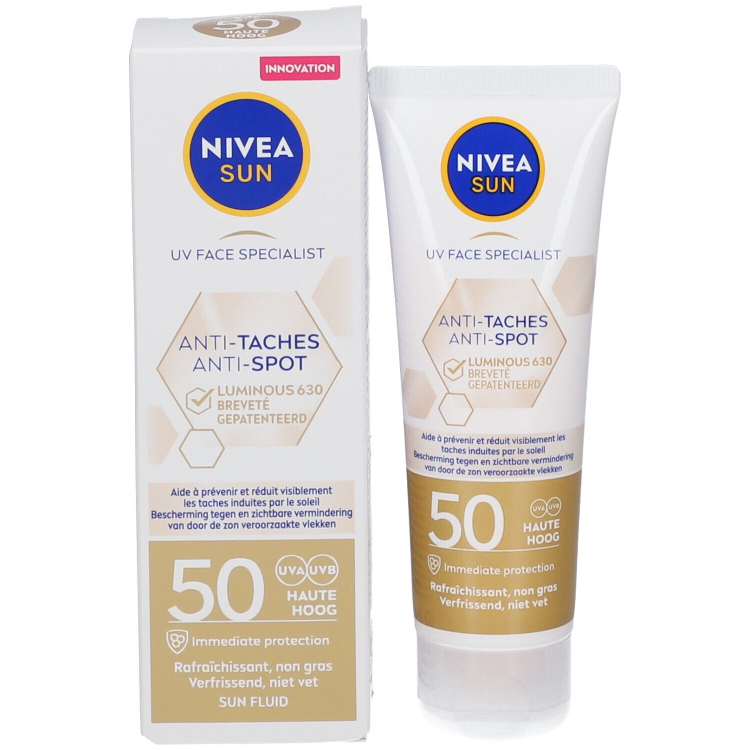 Nivea Sun Luminous 630° Anti-Taches Fluide SPF50. Emballage avec tube et carton. Blanc, bleu, doré. Texte: UV Face Specialist.