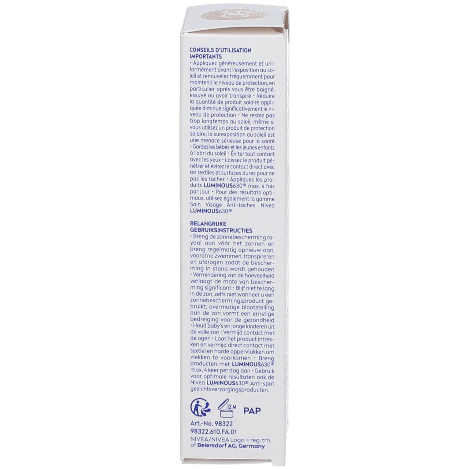 Côté de l'emballage carton de Nivea Sun Luminous 630° Anti-Taches Fluide SPF50. Texte: conseils d'utilisation. Marque et nom non visibles.