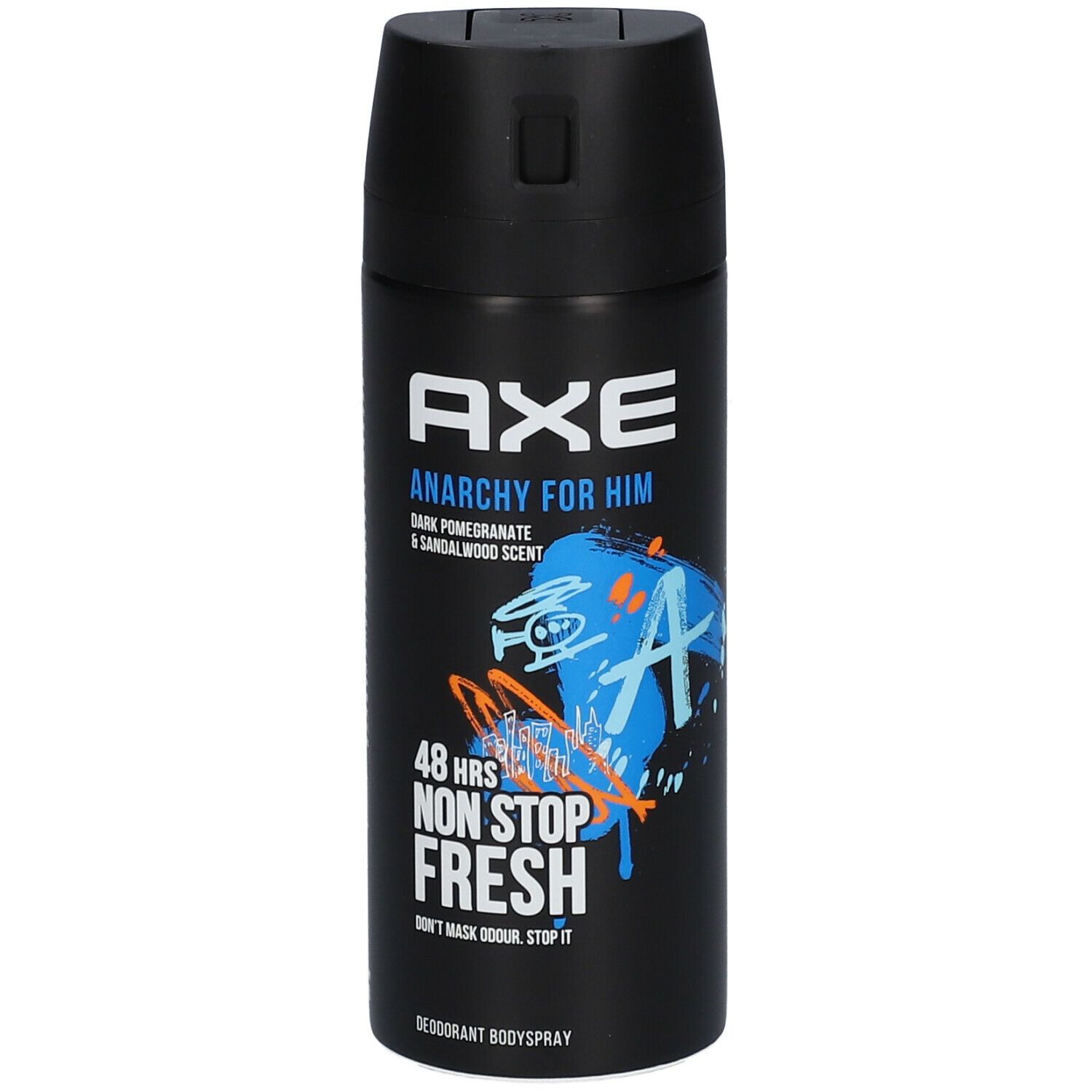 Bombe de déodorant noire. Logo "AXE", "Anarchy for Him", "48 hrs Non Stop Fresh". Graphiques bleus et oranges.