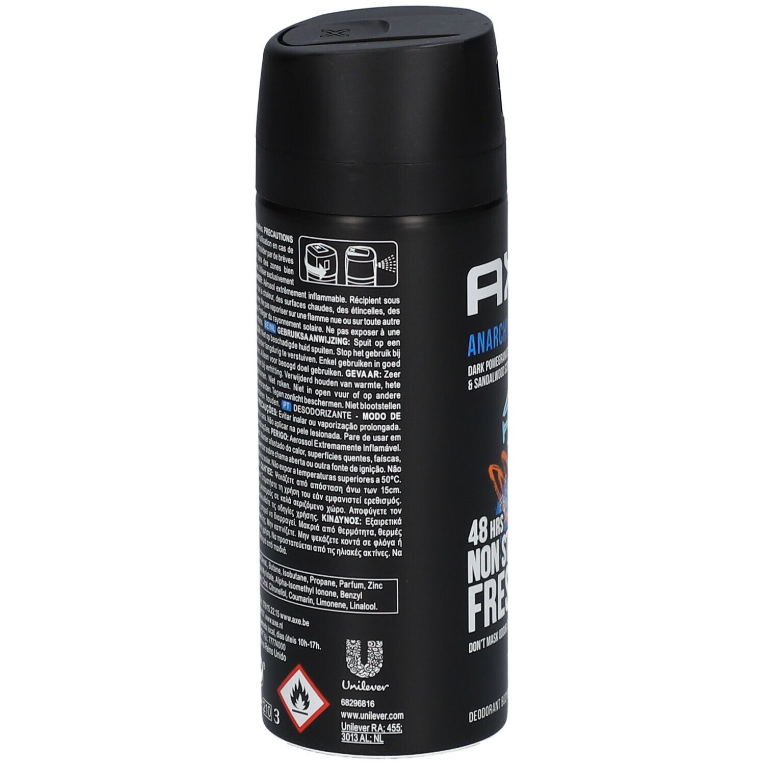 Bombe de déodorant noire. Dos avec texte multilingue. Logo Unilever et symboles d'avertissement.