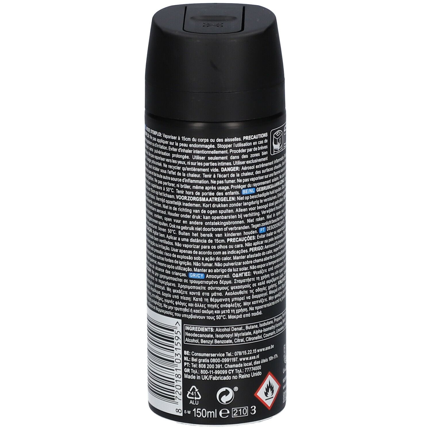 Bombe de déodorant noire. Dos avec texte multilingue. Avertissements et ingrédients.