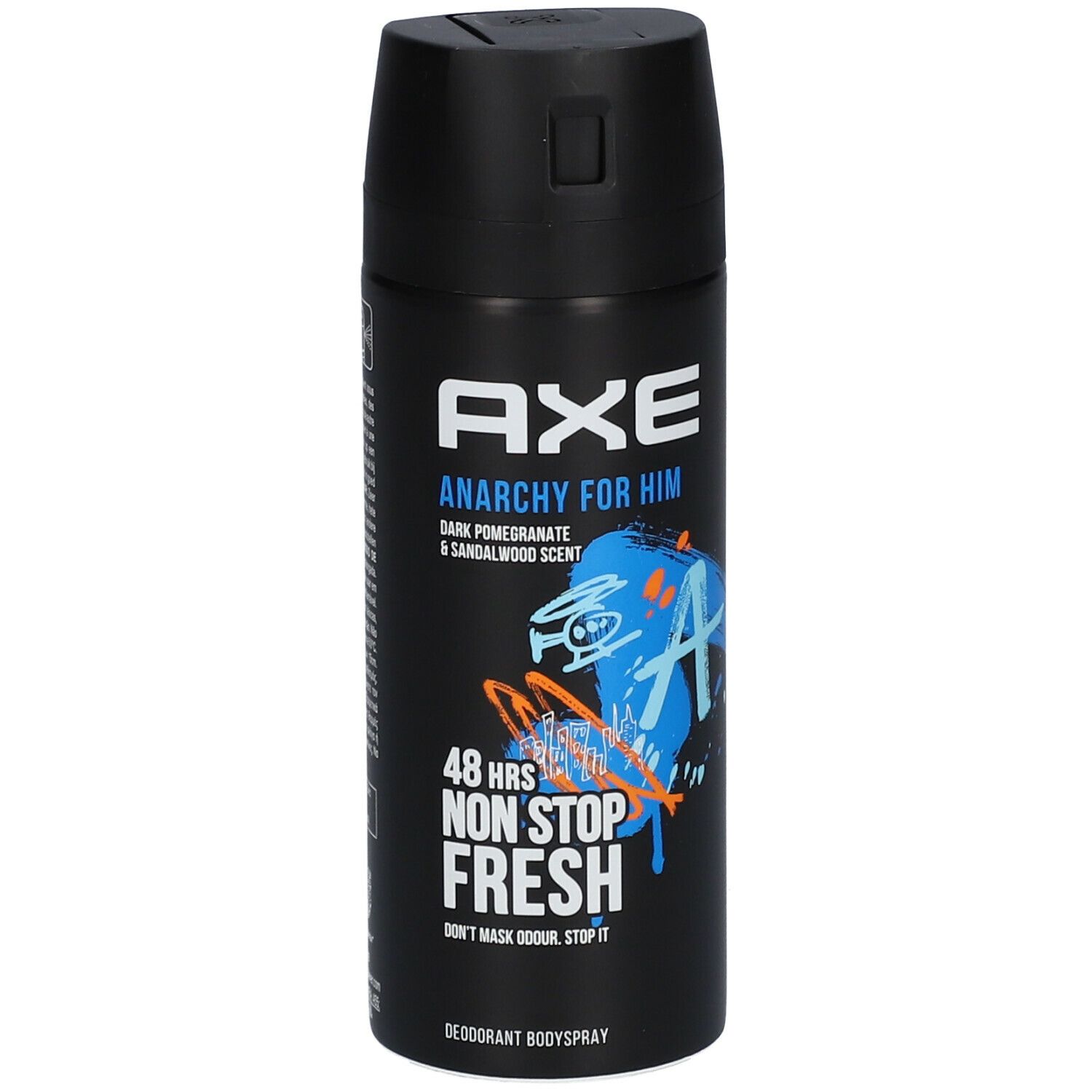 Bombe de déodorant noire. Logo "AXE", "Anarchy for Him", "48 hrs Non Stop Fresh". Graphiques bleus et oranges.