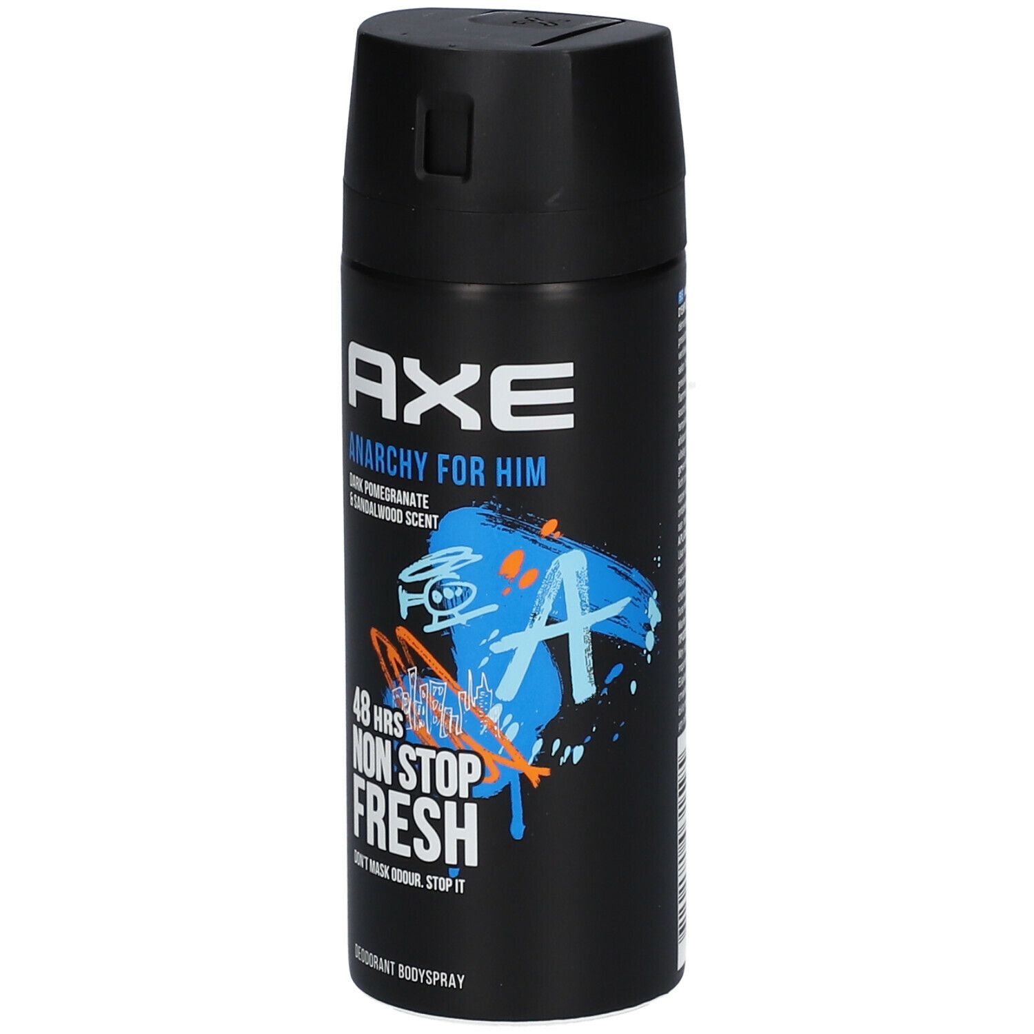 Bombe de déodorant noire. Logo "AXE", "Anarchy for Him", "48 hrs Non Stop Fresh". Graphiques bleus et oranges.