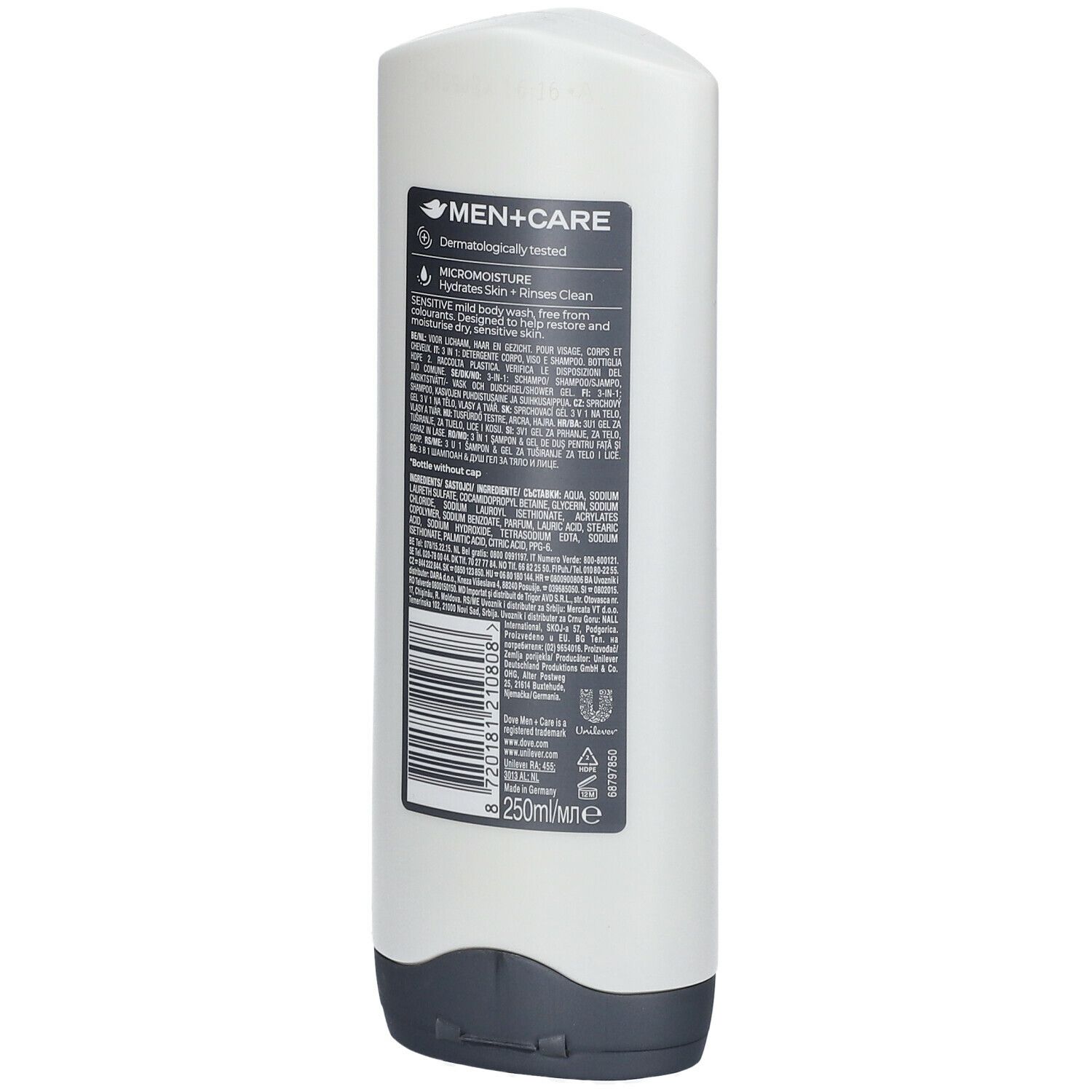Dos du flacon de gel douche Dove Men+Care Sensitive. Blanc-gris, bouchon noir. Texte : ingrédients, code-barres, 250 ml.