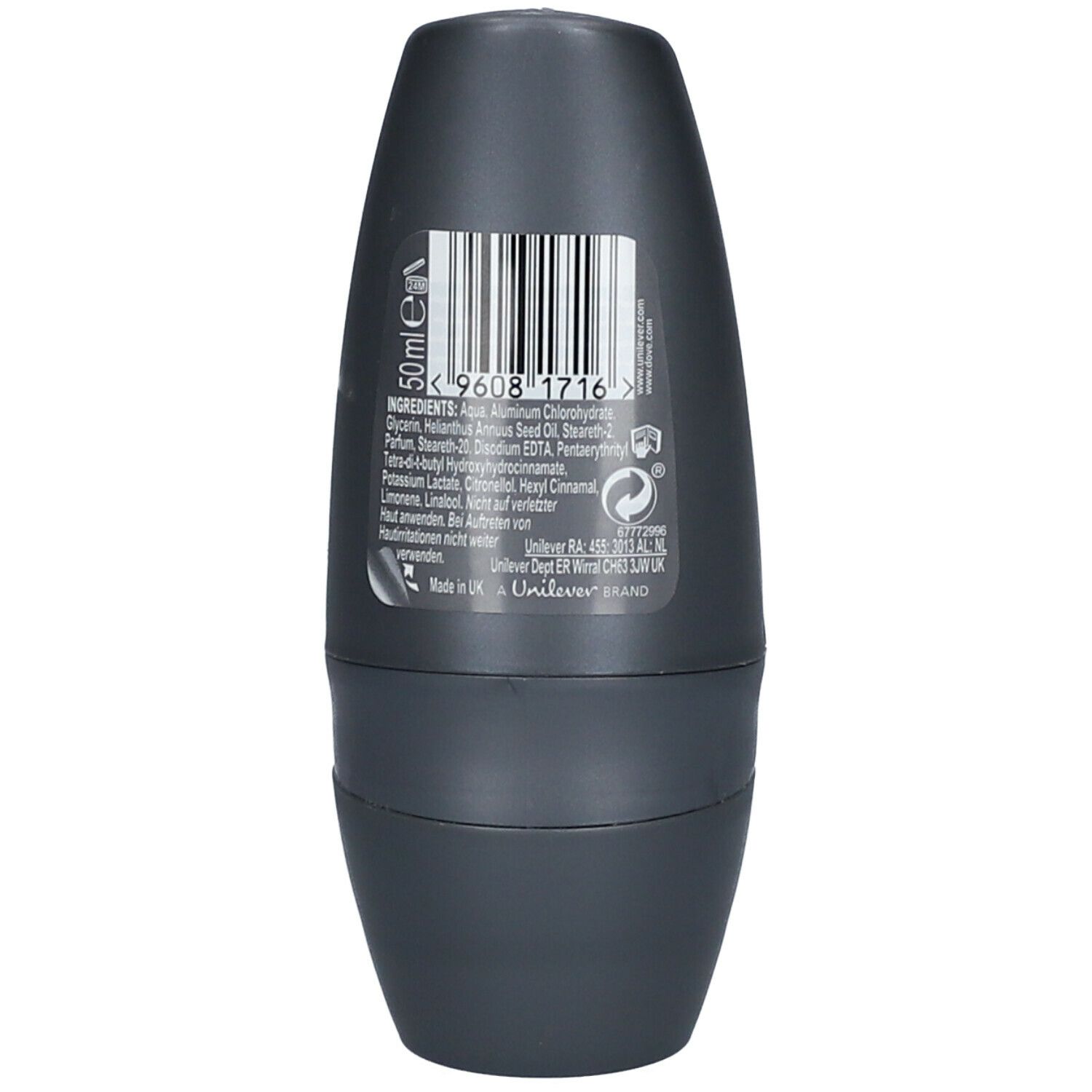 Déodorant roll-on gris. Dos avec code-barres et ingrédients. Logo Unilever.