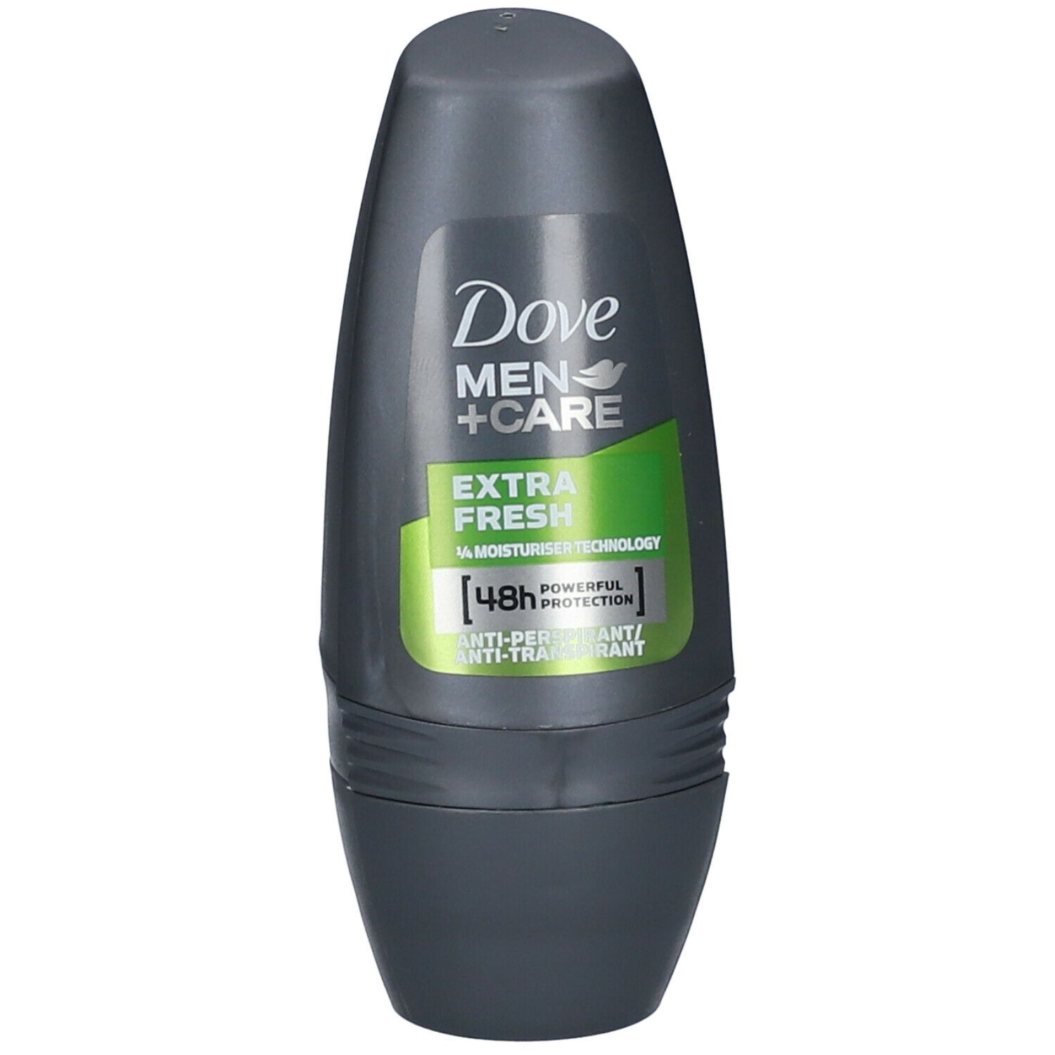 Déodorant roll-on gris. Étiquette Dove Men+Care, Extra Fresh et protection 48h. Accents verts et blancs.