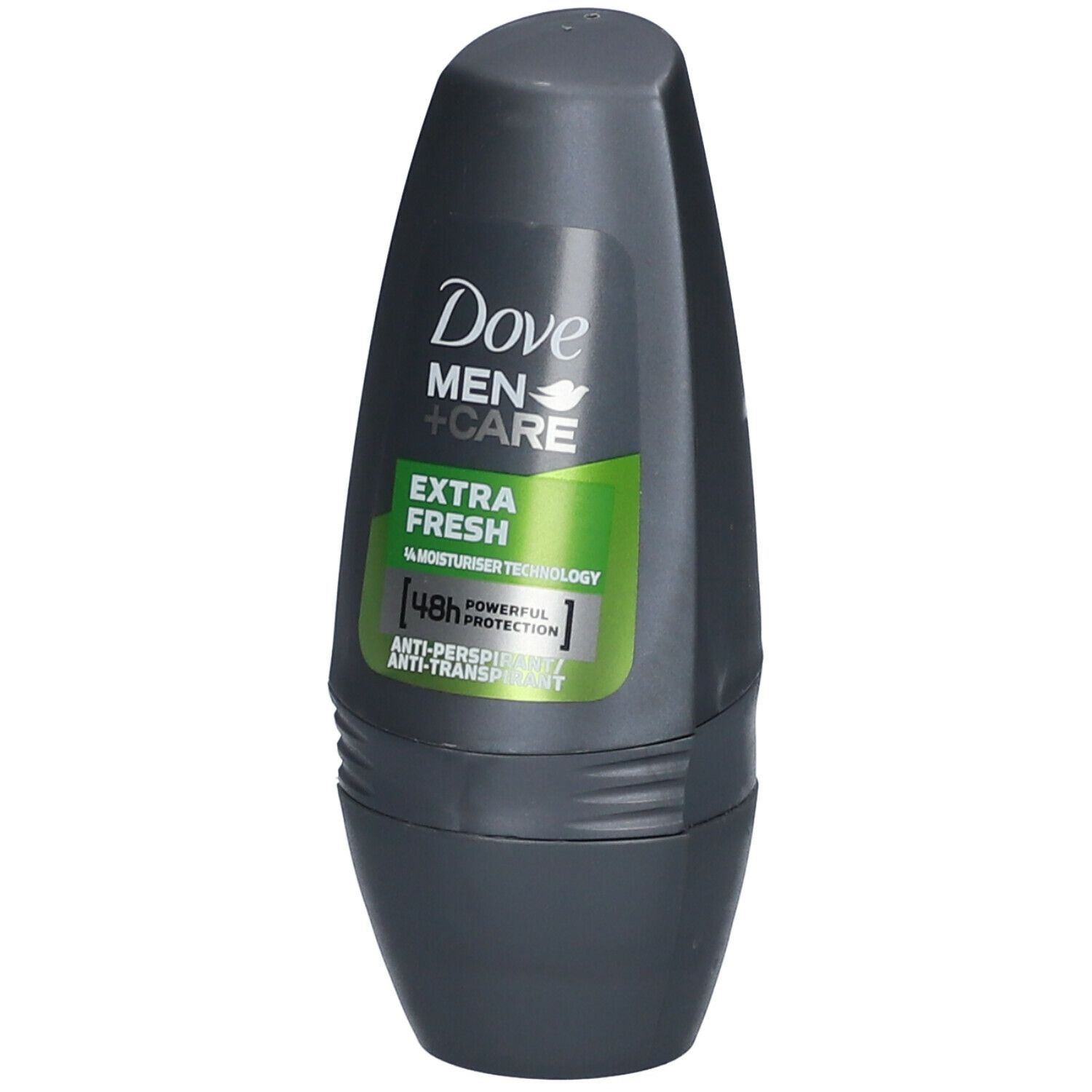 Déodorant roll-on gris. Étiquette Dove Men+Care, Extra Fresh et protection 48h. Accents verts et blancs.