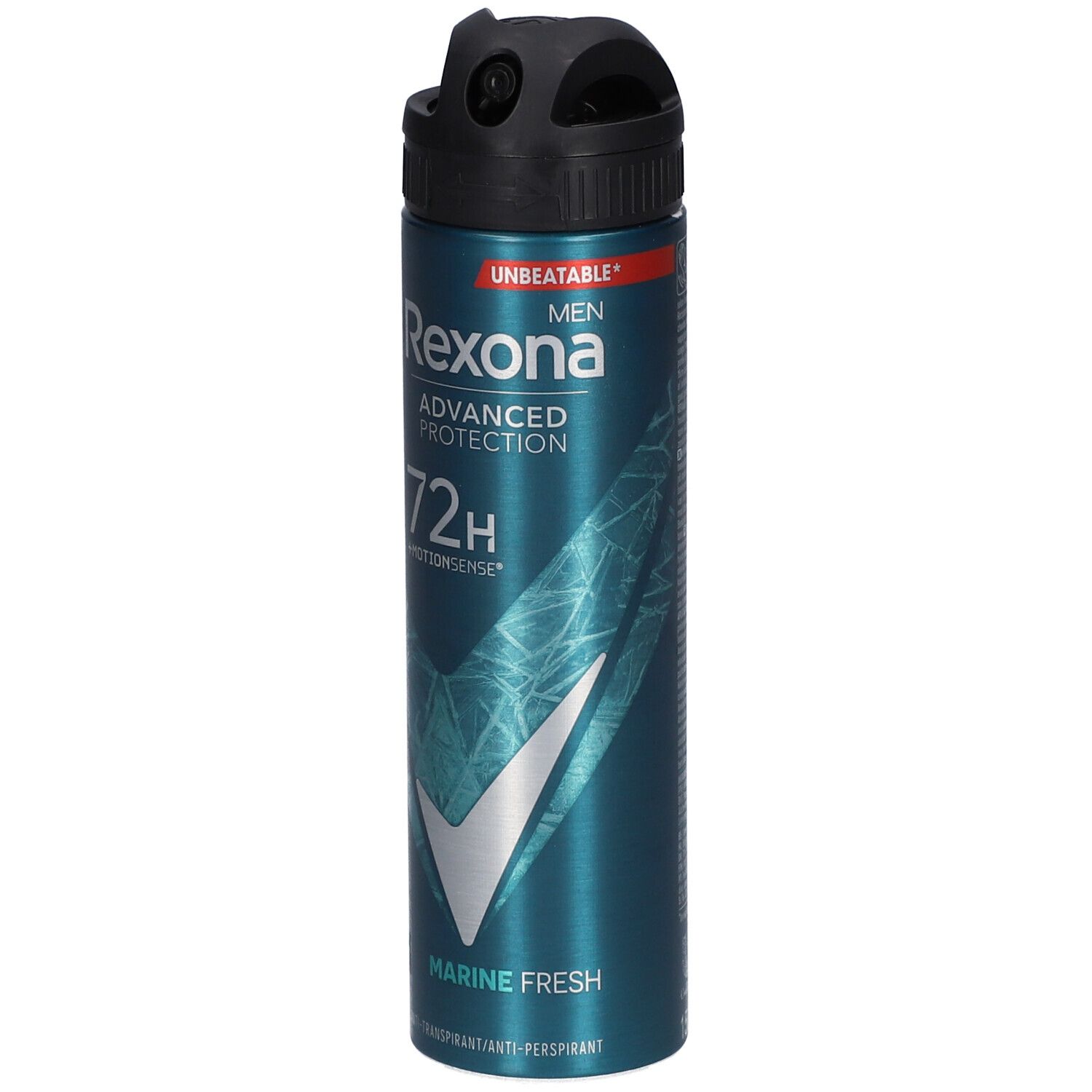 Bombe aérosol bleu-argenté avec bouchon noir. Texte: Rexona Men, Advanced Protection, 72h, Marine Fresh. Crochet blanc.