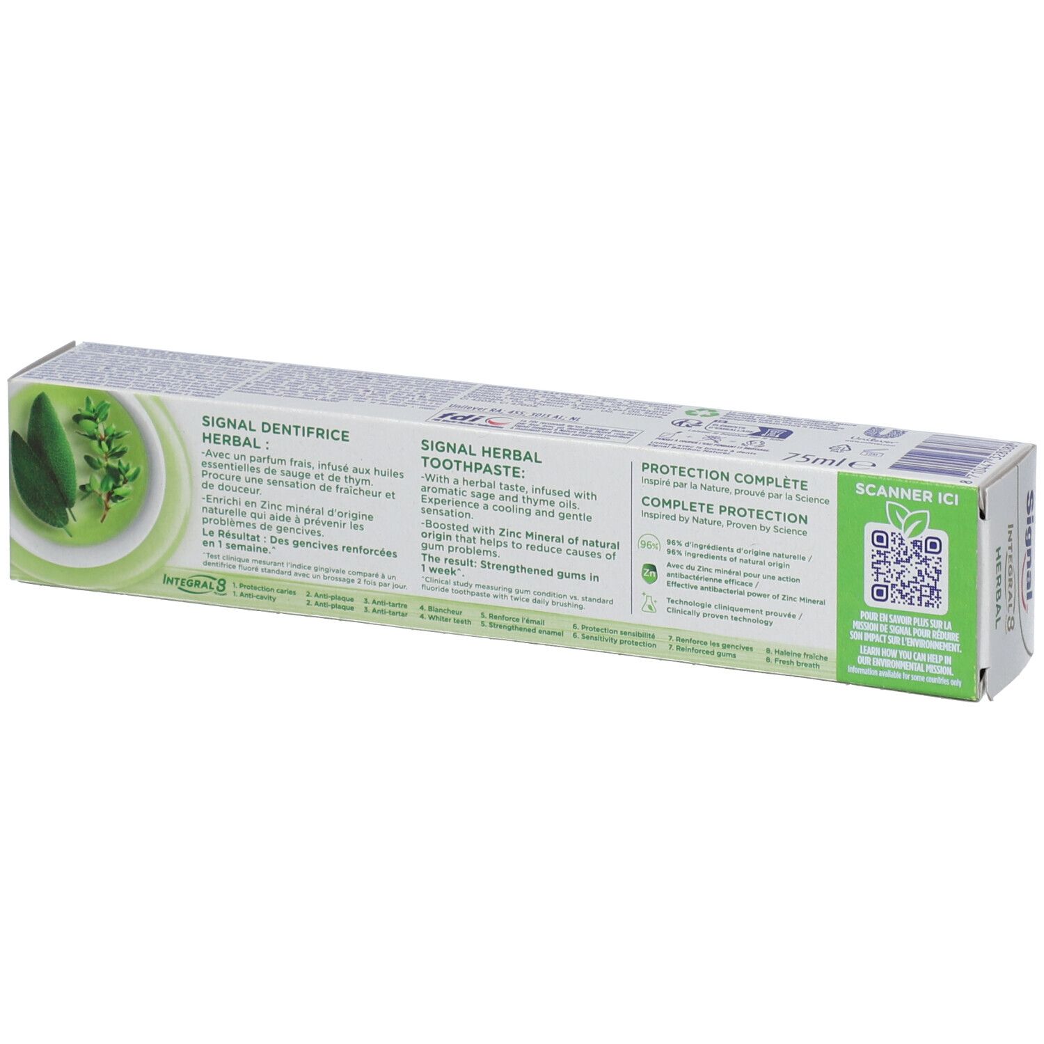Dos de l'emballage de dentifrice Signal Herbal. Texte multilingue. Image d'herbes. Code QR.
