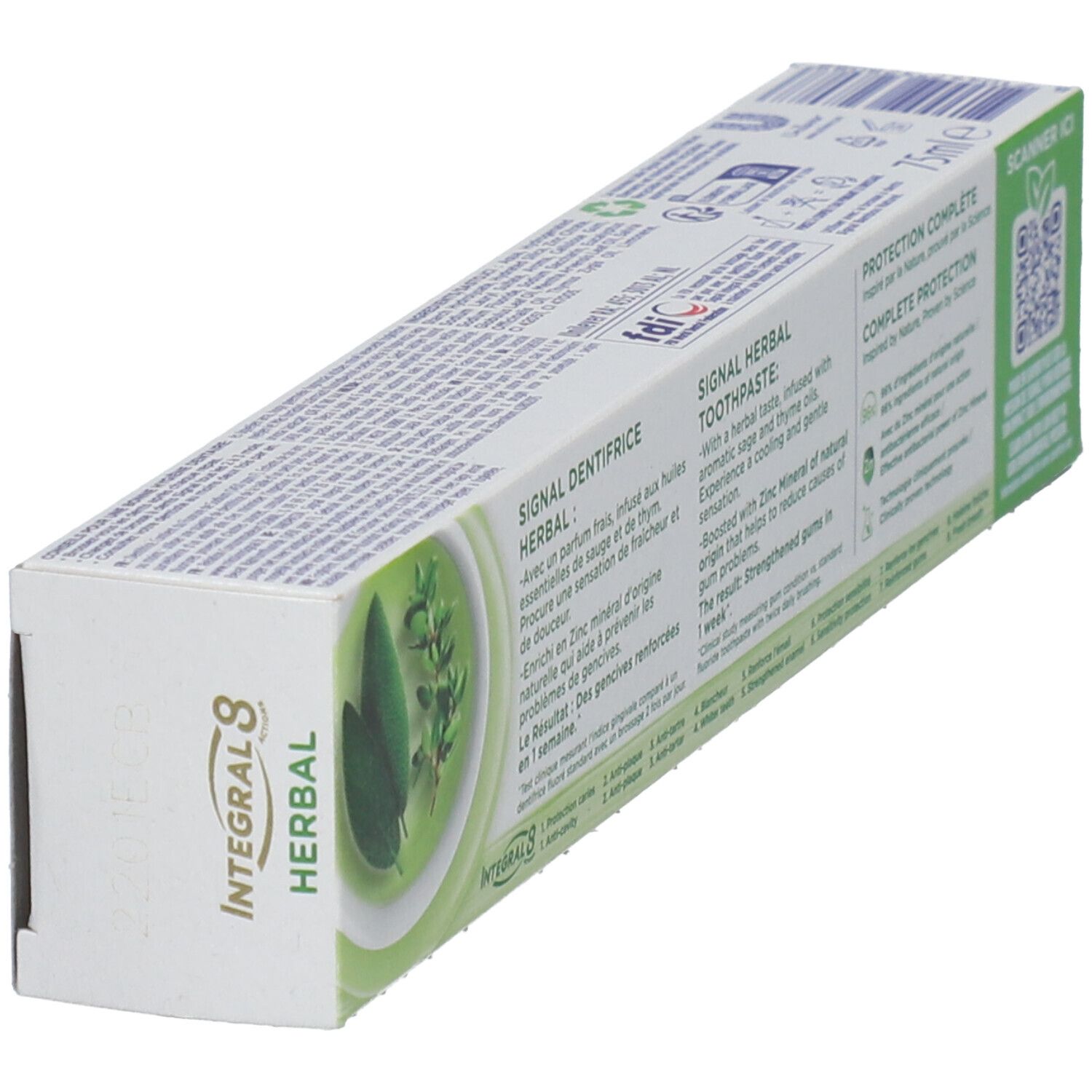 Emballage de dentifrice Signal Herbal. Texte multilingue. Image d'herbes. Forme rectangulaire.