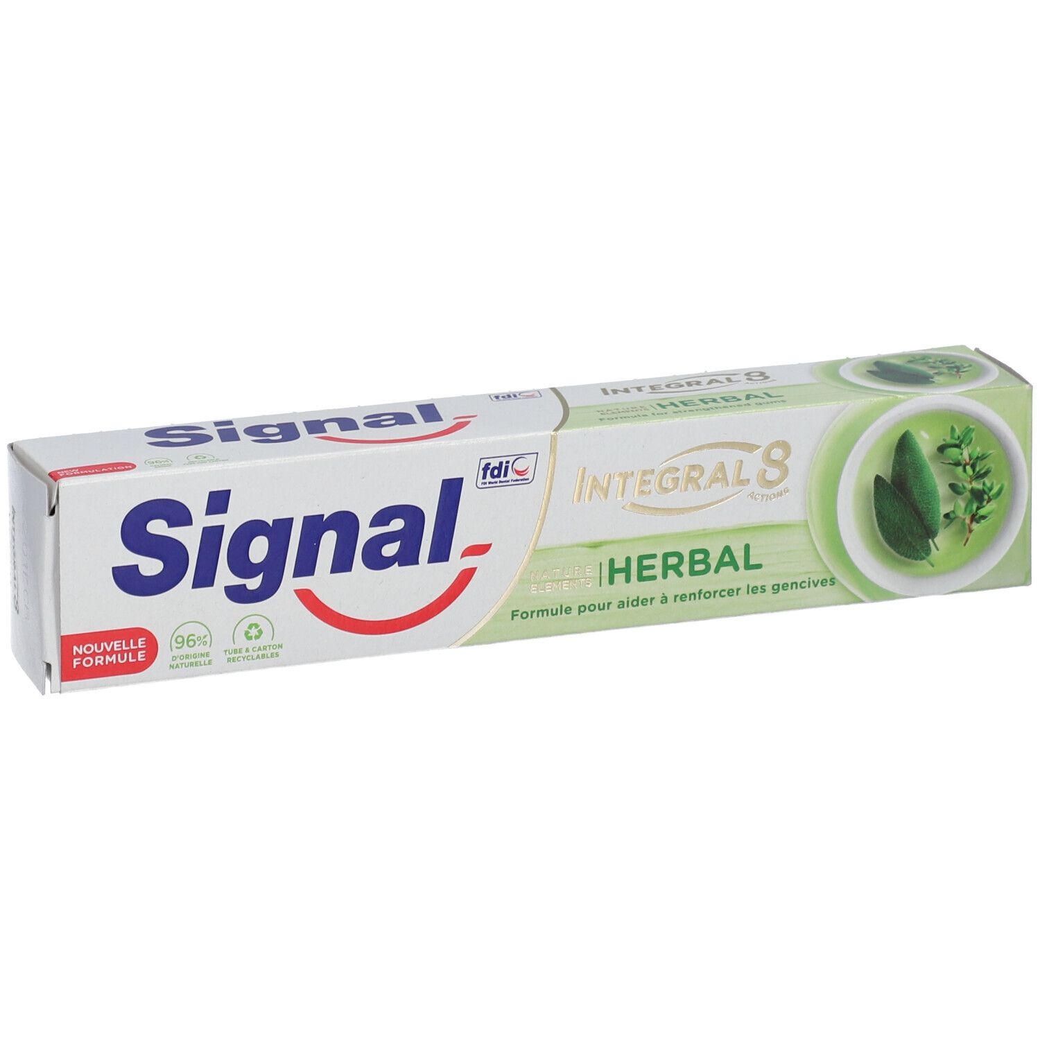 Tube et emballage de dentifrice Signal Herbal. Tube blanc, texte bleu. Image d'herbes vertes.