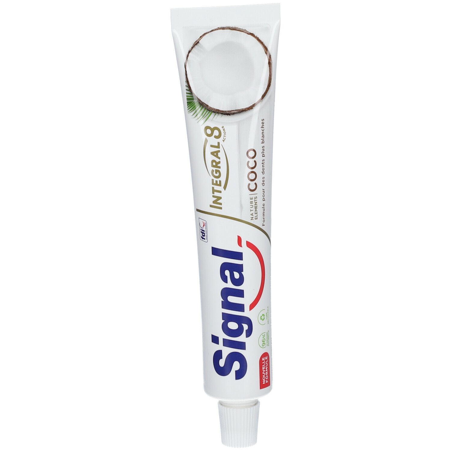 Tube de dentifrice blanche, image de noix de coco et nom du produit. Signal Integral 8 Coco.