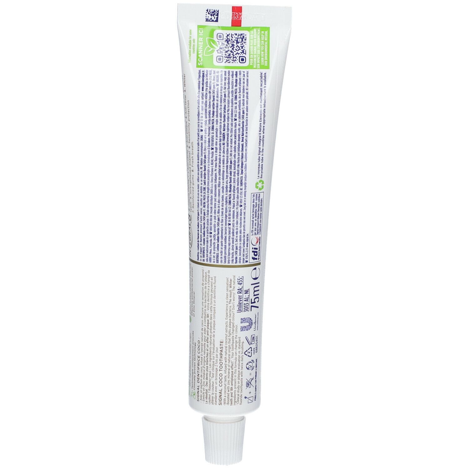 Dos du tube de dentifrice. Texte multilingue, code QR et logo.