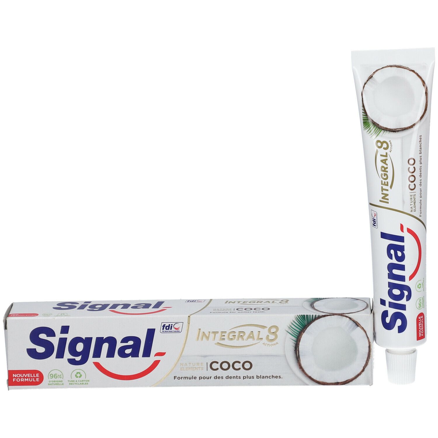 Tube et emballage de dentifrice. Signal Integral 8 Coco. Image de noix de coco.
