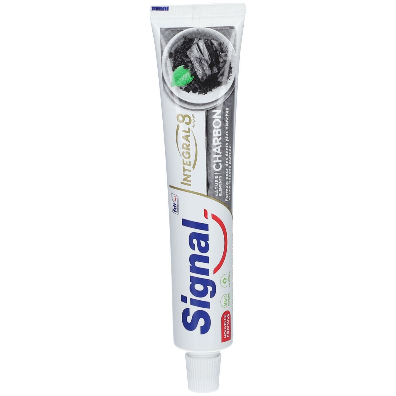 Tube de dentifrice Signal Integral 8 Charbon. Blanc, impression noire. Illustration verte et noire.