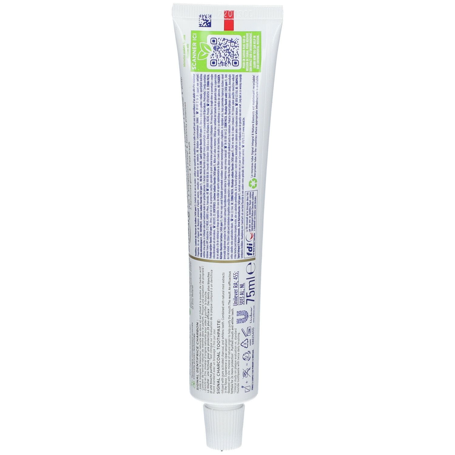 Dos du tube de dentifrice. Texte multilingue. Code QR et symbole de recyclage.
