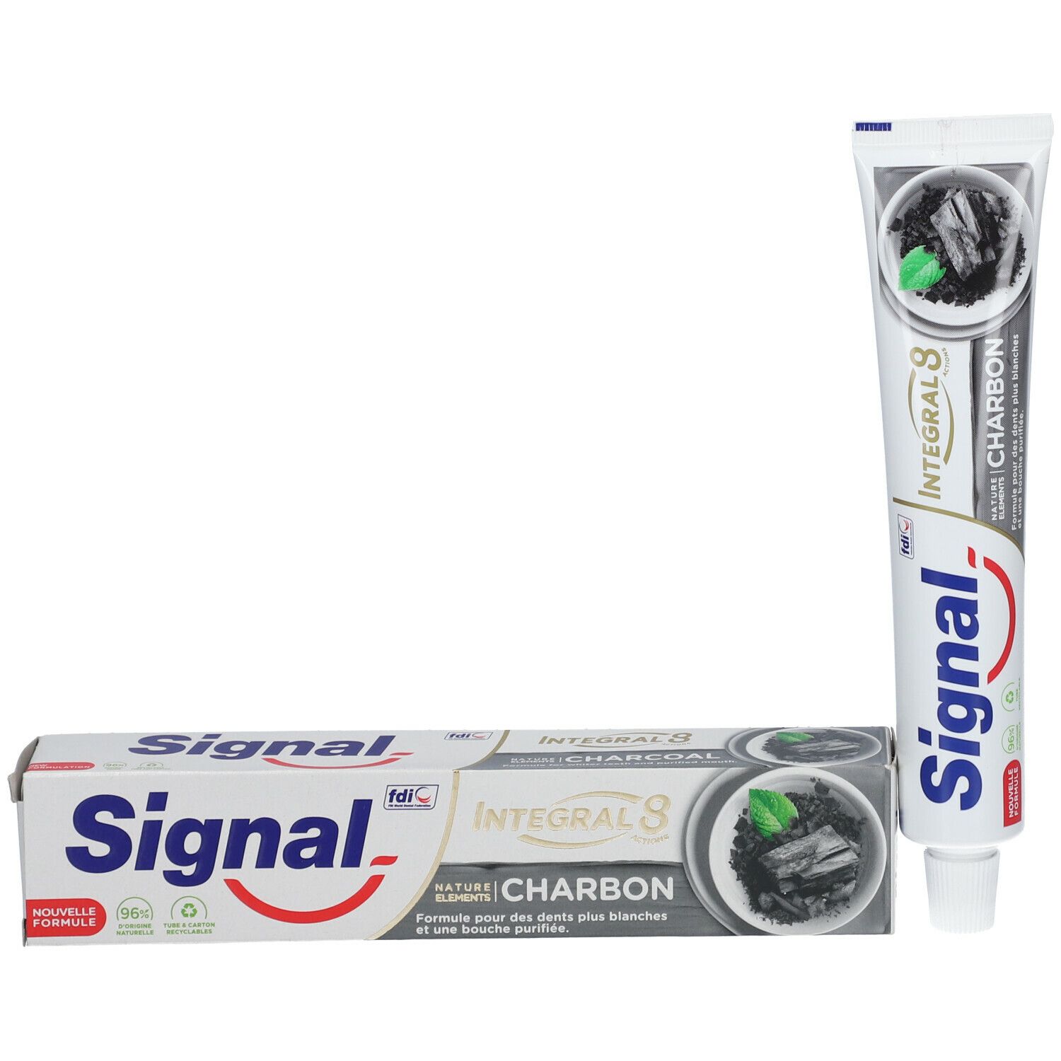Tube et boîte de dentifrice. Signal, Integral 8, Charbon. Boîte avec illustration de charbon et menthe.