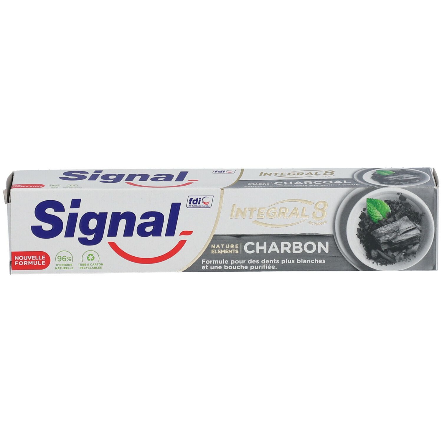 Boîte Signal, Integral 8, Charbon. Illustration charbon et menthe. Texte: Formule pour dents plus blanches.