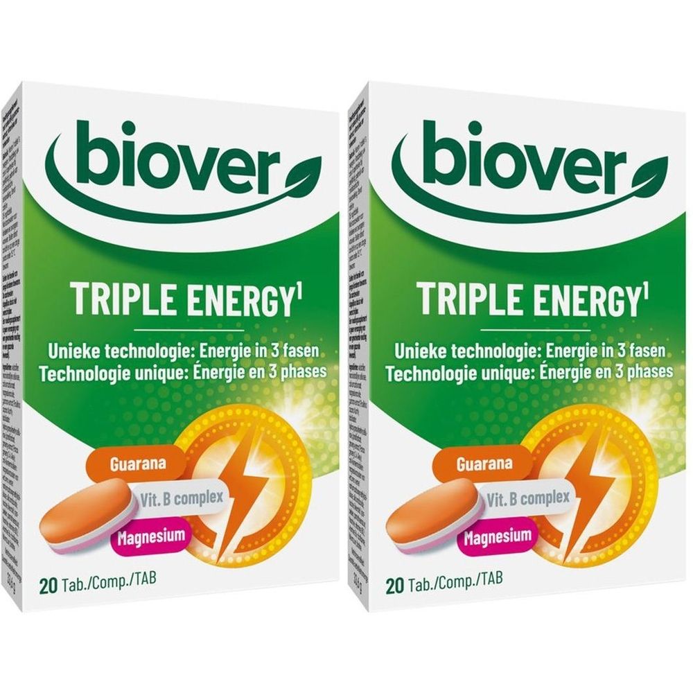 Deux boîtes de Biover Triple Energy. Emballage blanc avec logo vert et nom du produit. Contient 20 comprimés. Label vegan.