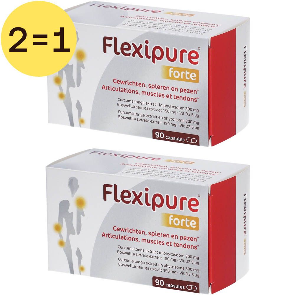 Deux boîtes FlexiPure Forte. Inscription : Articulations, muscles, tendons. 90 gélules. Symbole jaune 2=1.