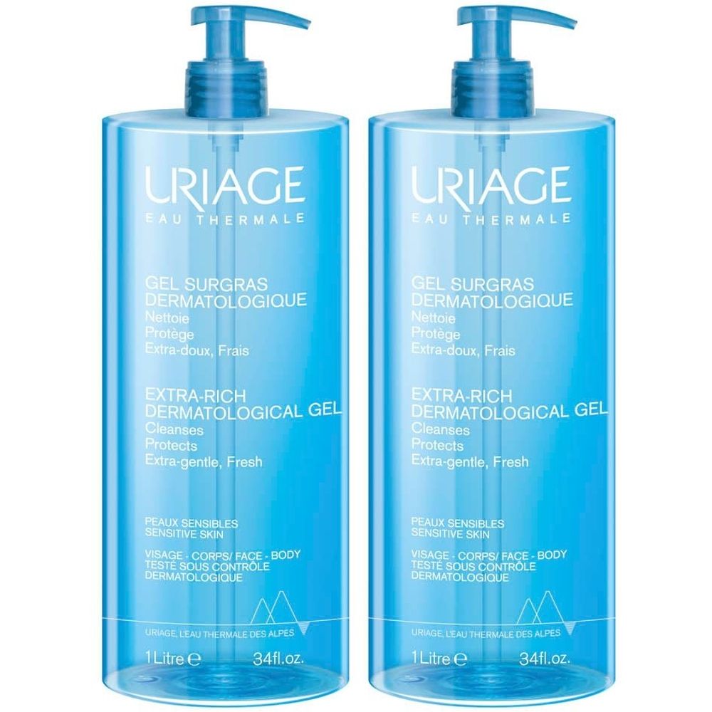 Deux flacons bleus avec pompe. Inscription: Uriage, Gel Surgras Dermatologique, Extra-Rich Dermatological Gel.