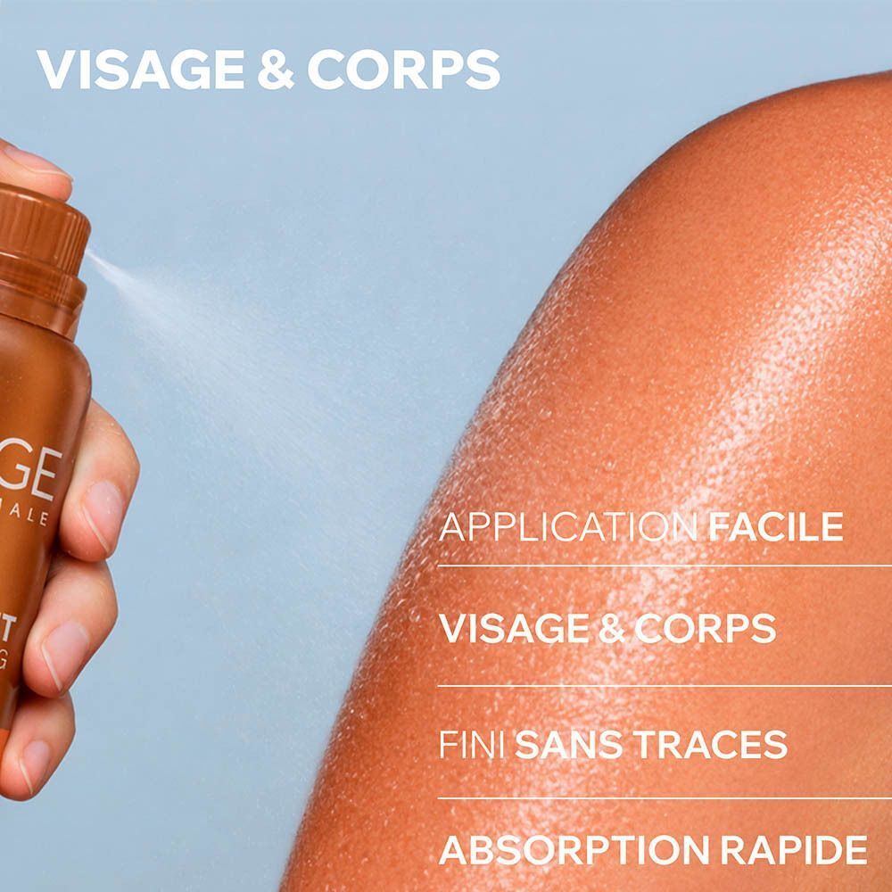 Application de la brume autobronzante Uriage Bariésun sur la peau.