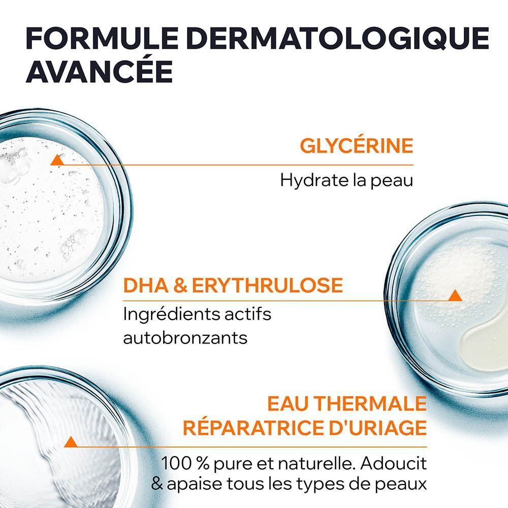 Brume autobronzante Uriage Bariésun : formule dermatologique avec glycérine.