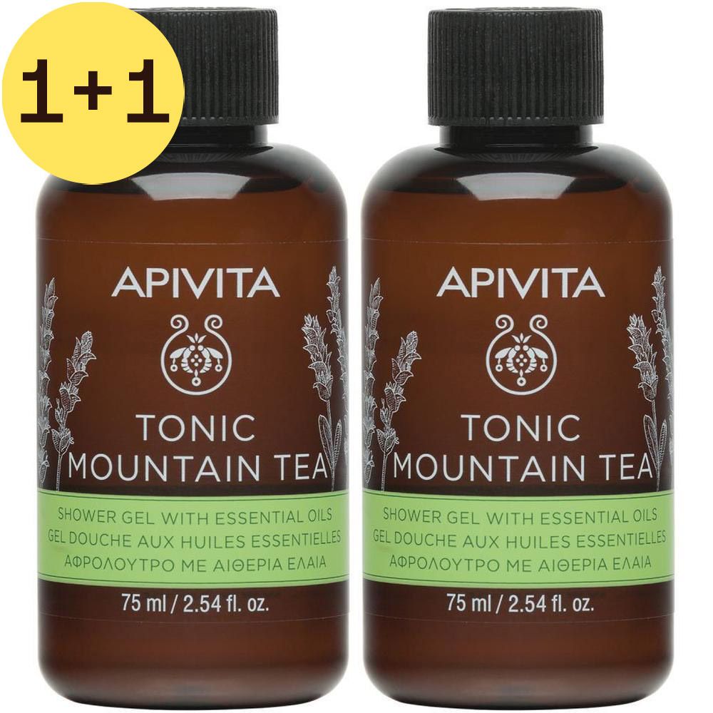 Deux flacons de gel douche avec bouchon noir. Inscription : Apivita, Tonic Mountain Tea, 250 ml.