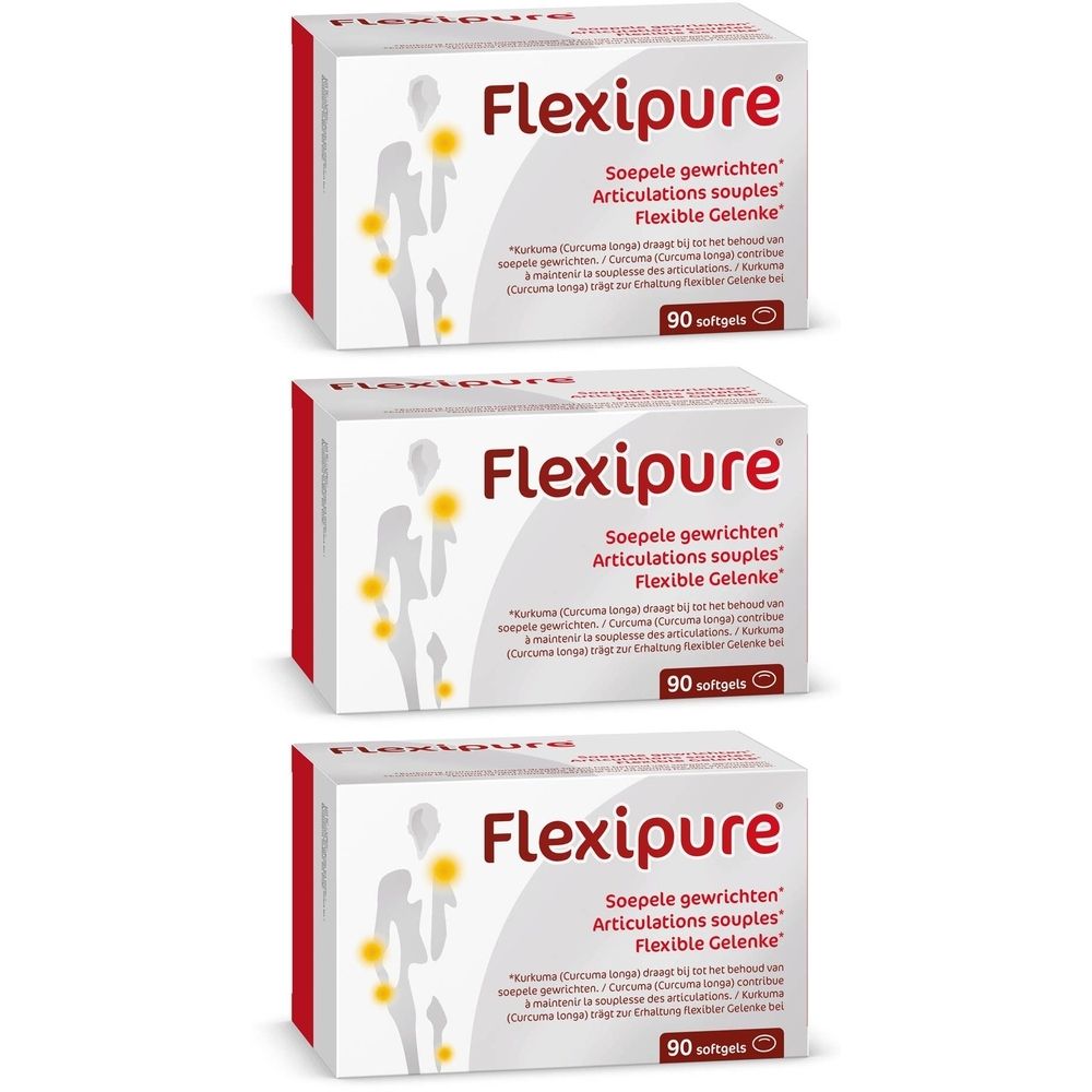 Trois boîtes blanches à bordure rouge. Inscription Flexipure, Soepele gewrichten, Articulations souples, Flexible Gelenke. 90 gélules.