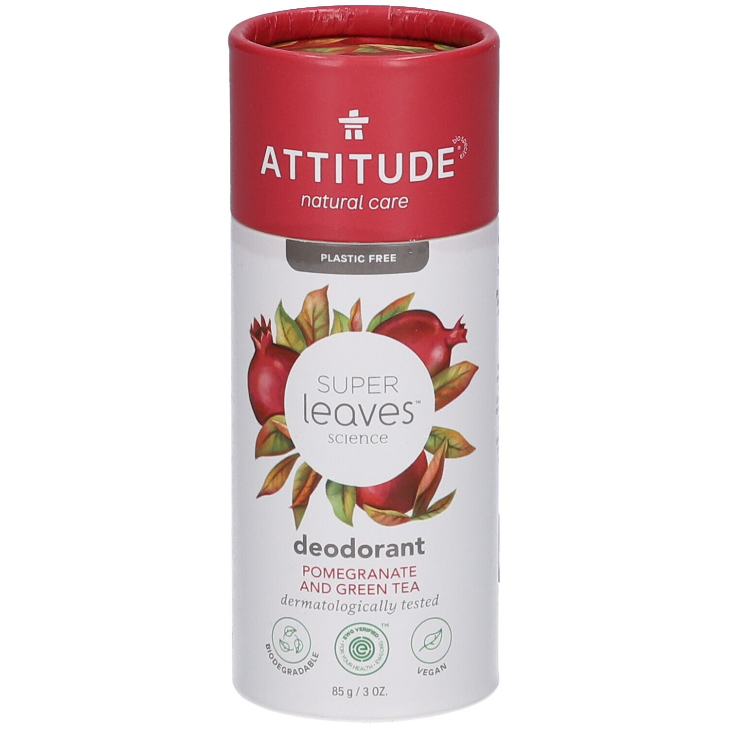 Emballage cylindrique de déodorant. Rouge en haut, blanc en bas avec illustrations de grenade et de feuilles. Texte: ATTITUDE, Super Leaves, déodorant.