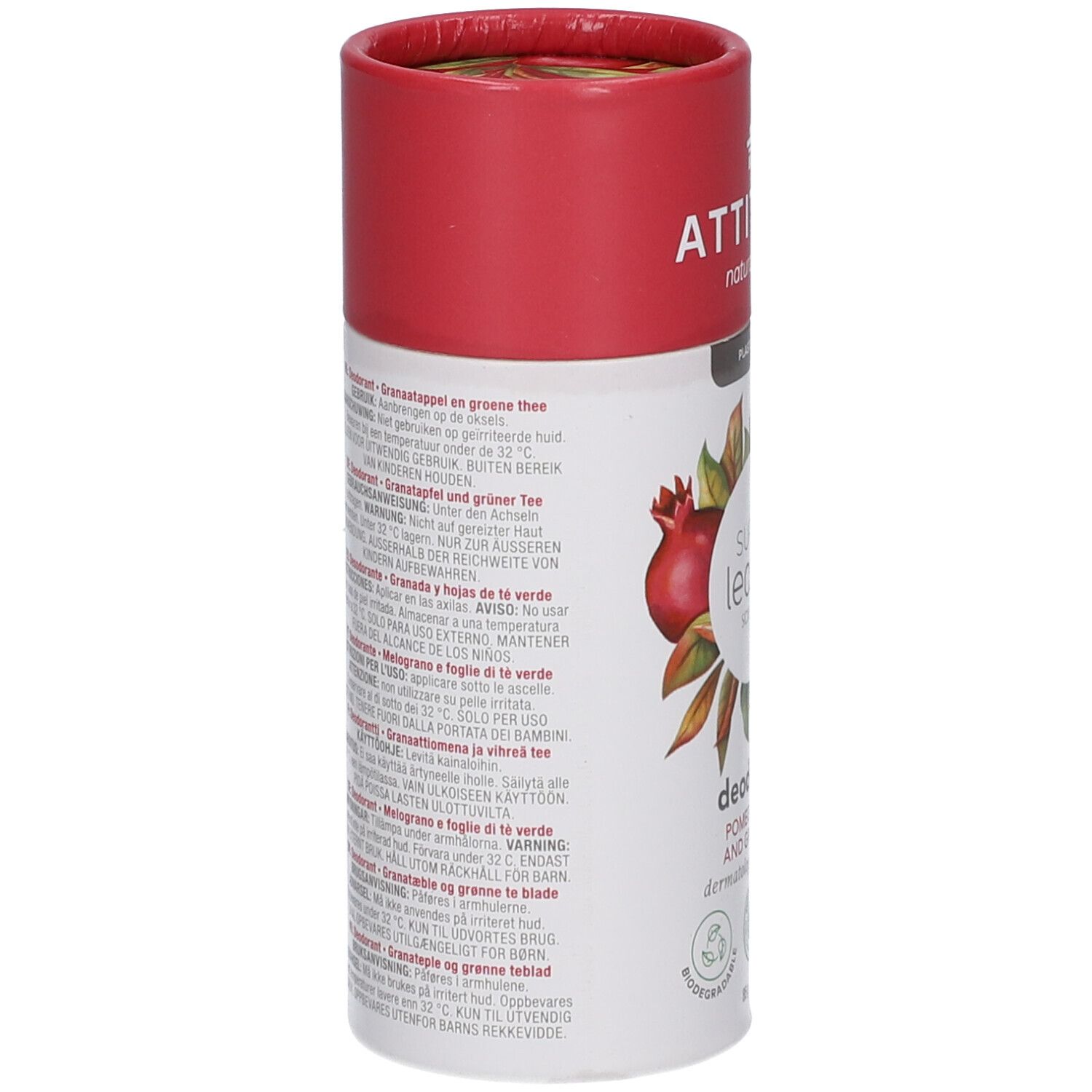 Emballage cylindrique de déodorant. Capuchon rouge, corps blanc avec texte et illustrations. Dos avec texte en plusieurs langues.