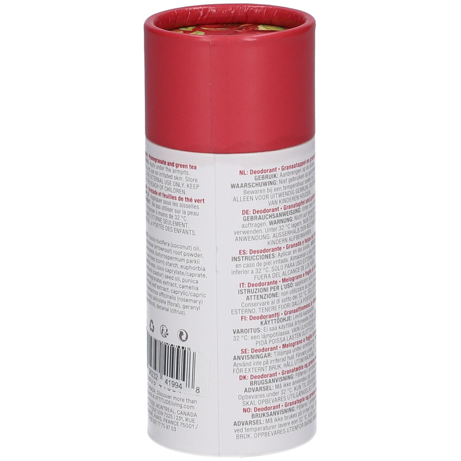 Emballage cylindrique de déodorant. Capuchon rouge, corps blanc avec texte en plusieurs langues. Code-barres et logos.