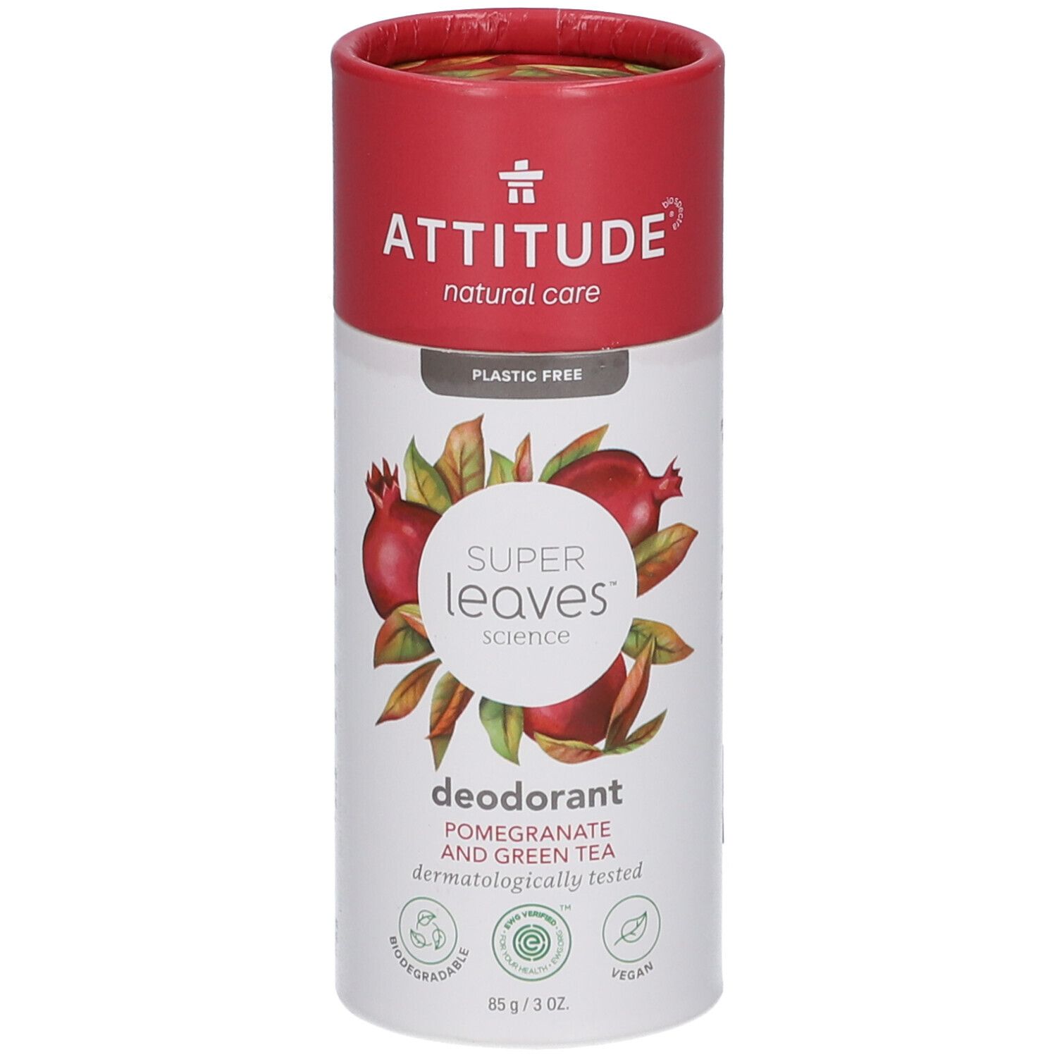 Emballage cylindrique de déodorant. Rouge en haut, blanc en bas avec illustrations de grenade et de feuilles. Texte: ATTITUDE, Super Leaves, déodorant.