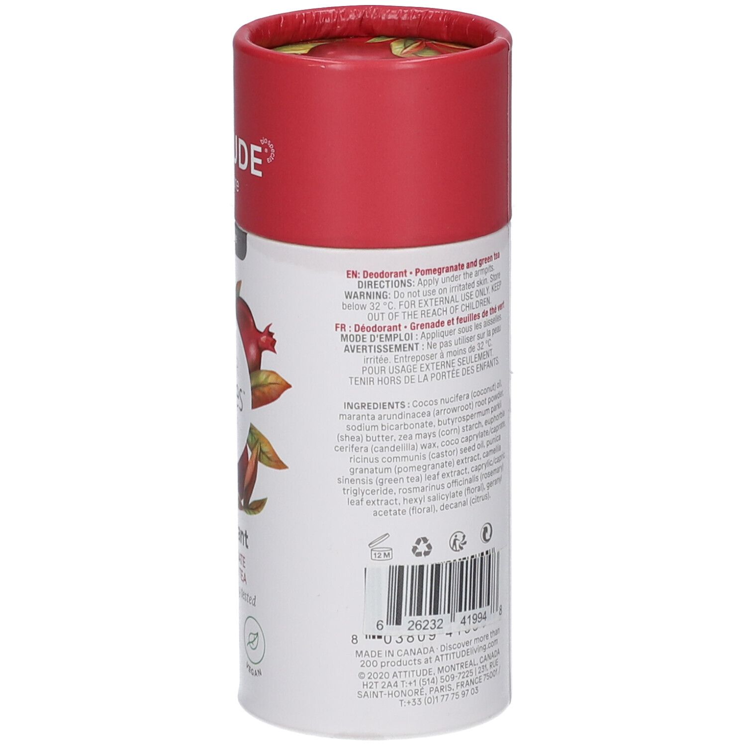 Emballage cylindrique de déodorant. Capuchon rouge, corps blanc avec texte en plusieurs langues. Code-barres et logos.