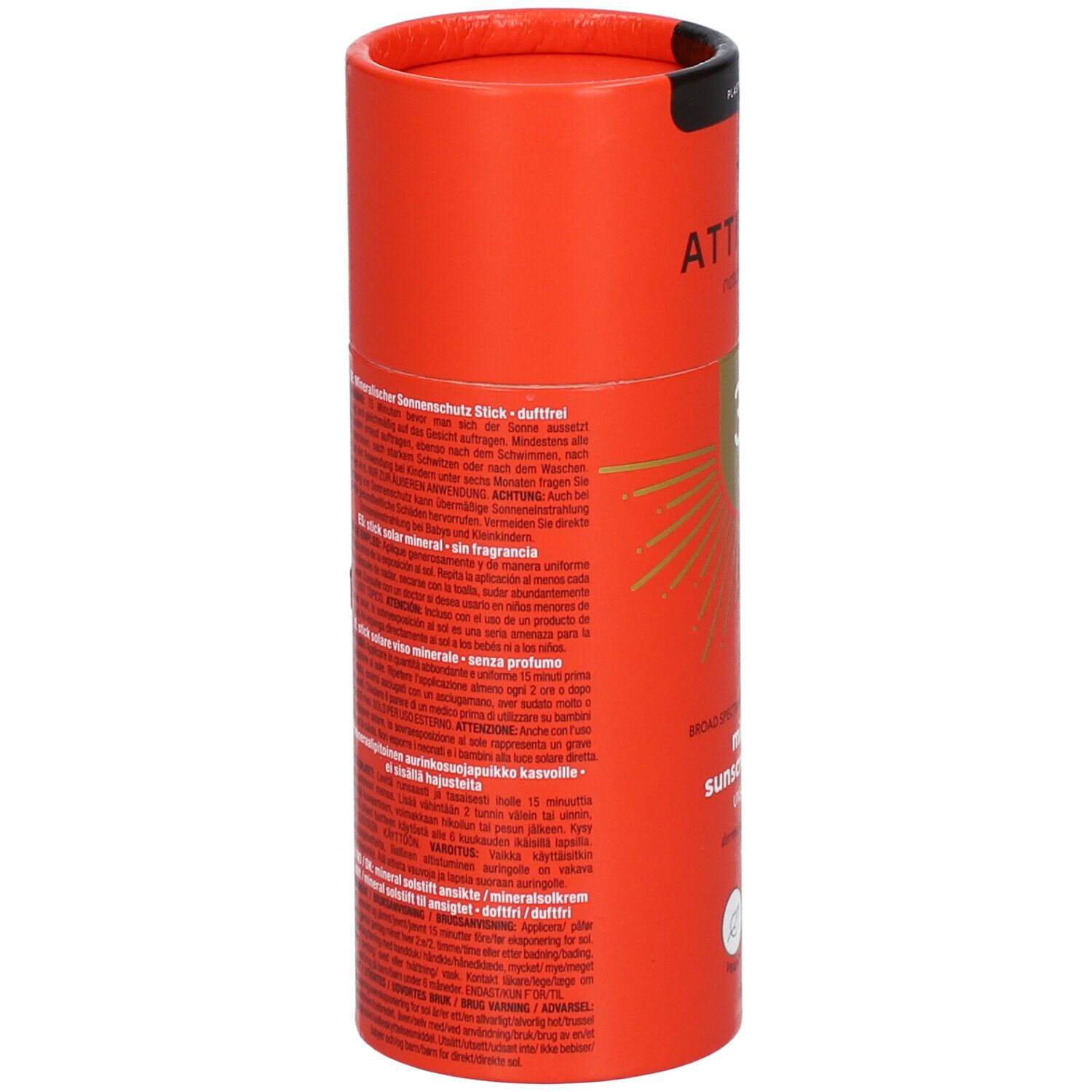 Stick solaire rouge avec textes multilingues. Informations produit et ingrédients au dos.