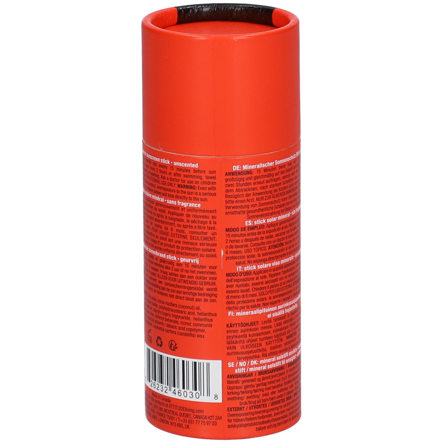 Stick solaire rouge avec textes et code-barres. Informations produit et ingrédients au dos.