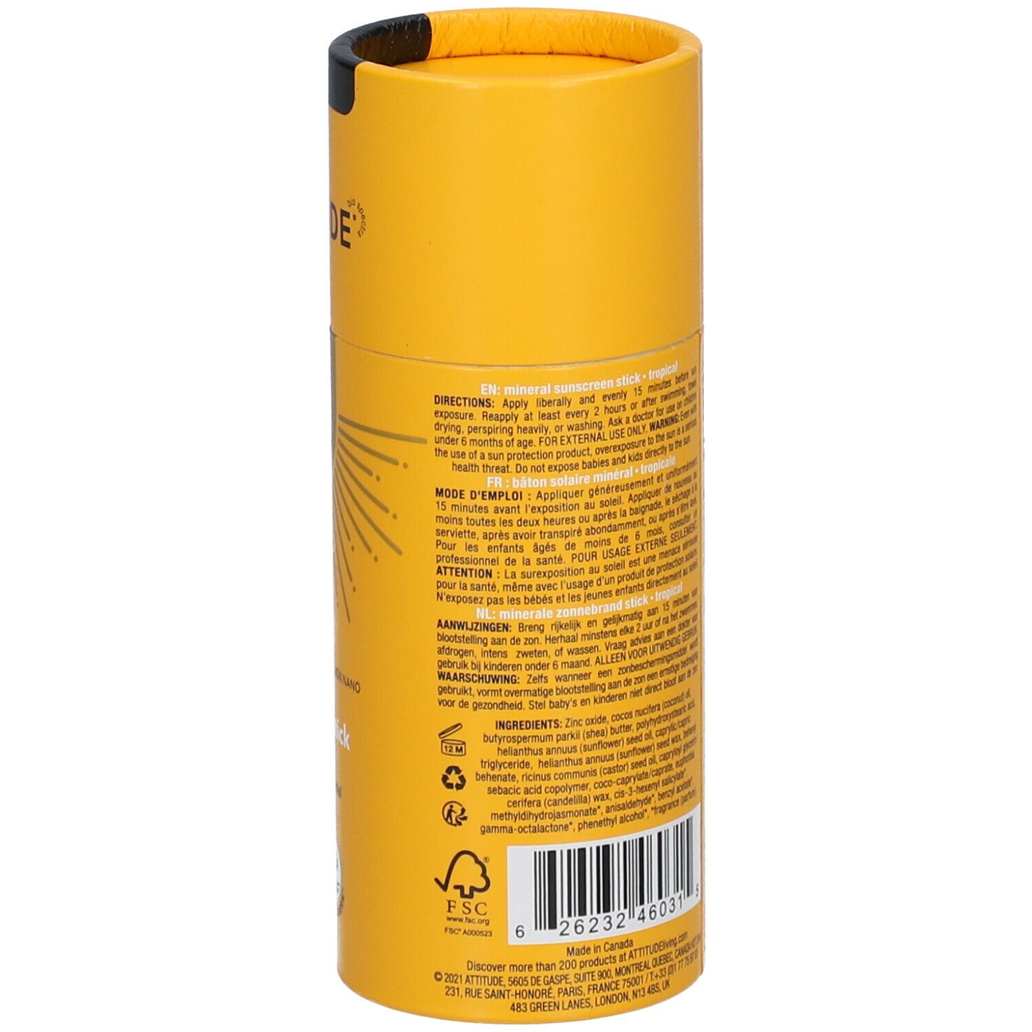 ATTITUDE Bâton solaire minéral sans plastique FPS 30