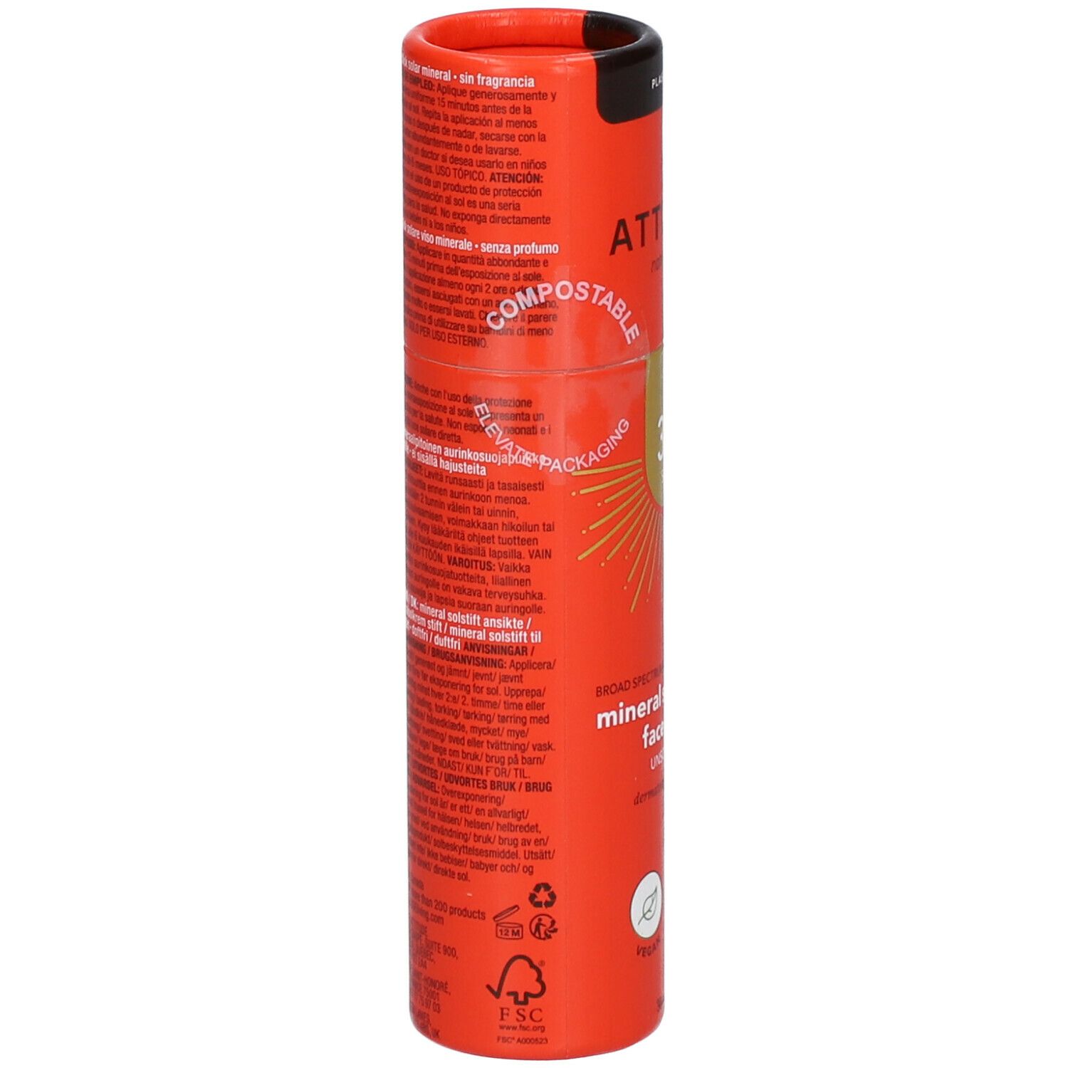 Emballage cylindrique orange. Texte multilingue, dont "COMPOSTABLE" et informations produit. Couvercle noir.
