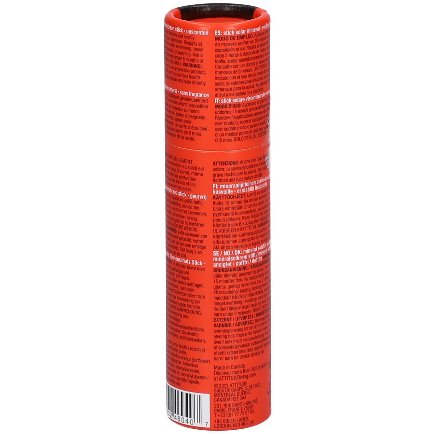Emballage cylindrique orange. Texte multilingue, informations produit et code-barres. Couvercle noir.