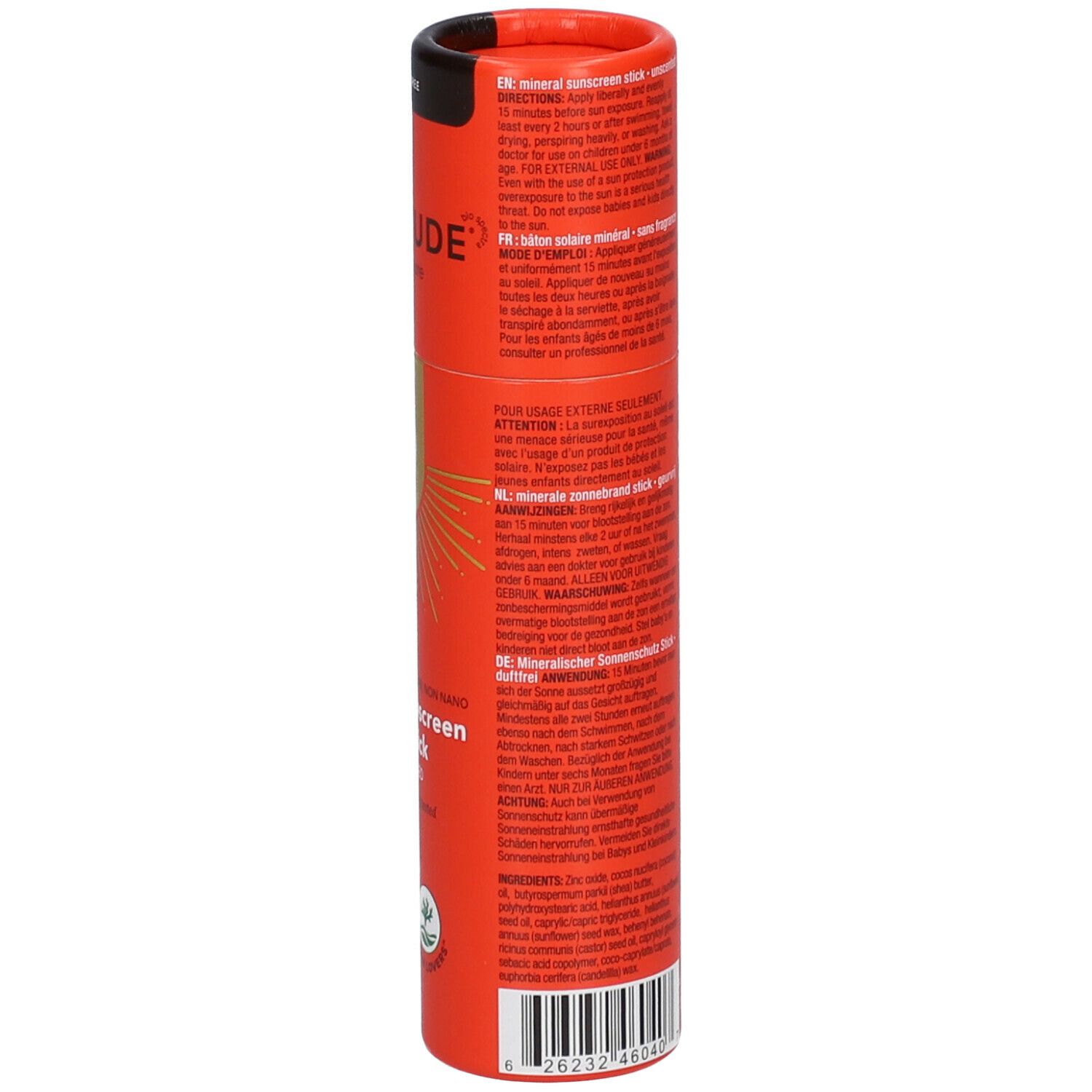 Emballage cylindrique orange. Texte multilingue, informations produit et code-barres. Couvercle noir.
