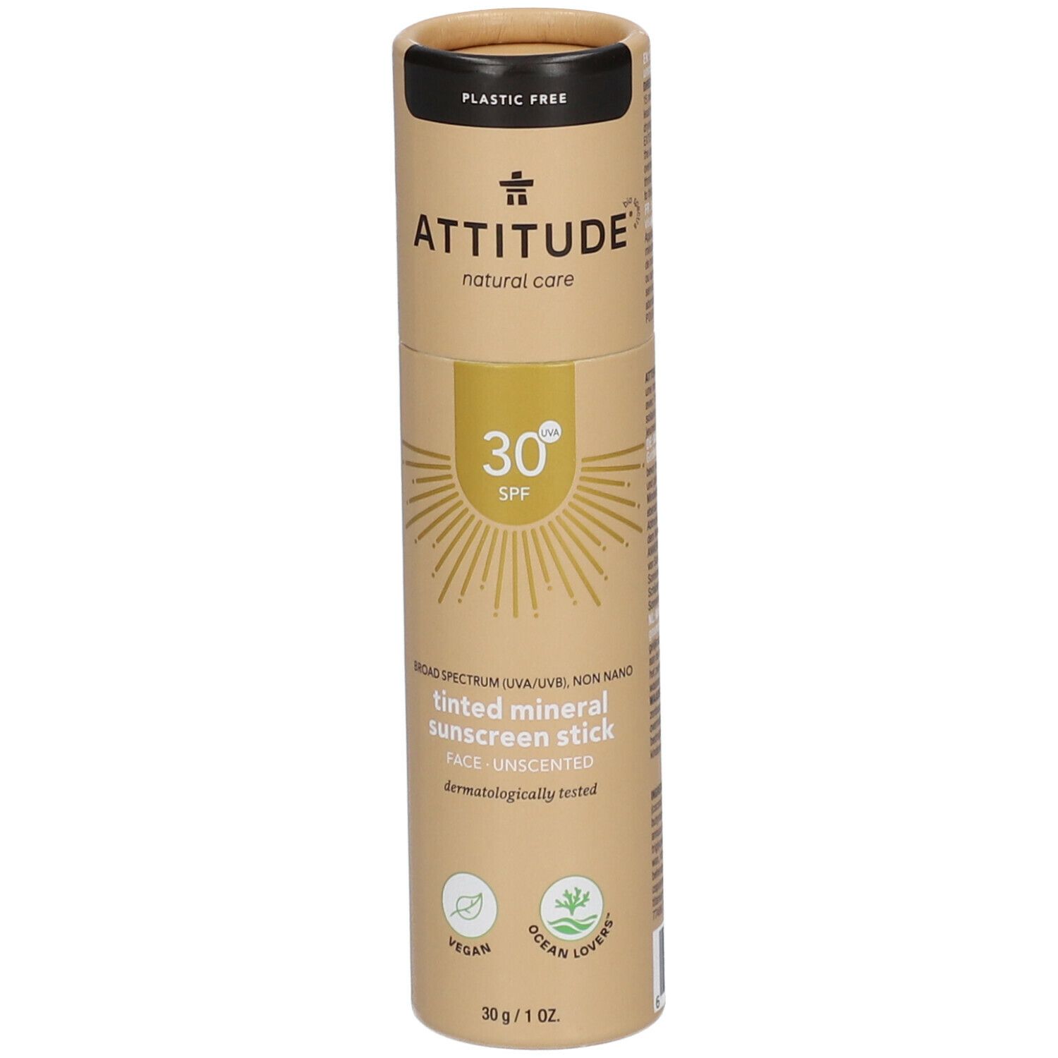 Emballage cylindrique. ATTITUDE stick solaire teinté visage SPF 30. Végétalien, testé dermatologiquement. 30 SPF.