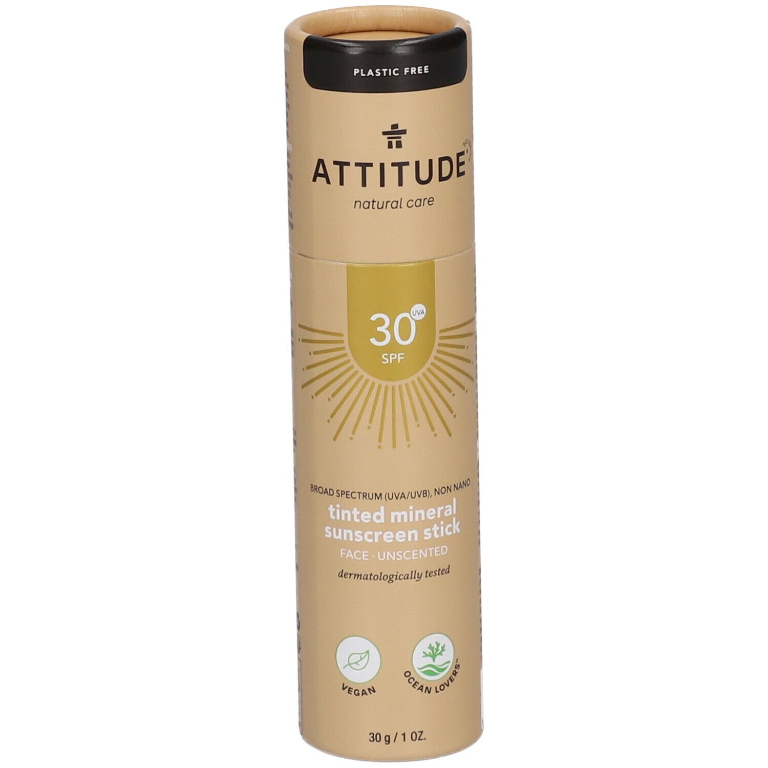 Emballage cylindrique. ATTITUDE stick solaire teinté visage SPF 30. Végétalien, testé dermatologiquement. 30 SPF.