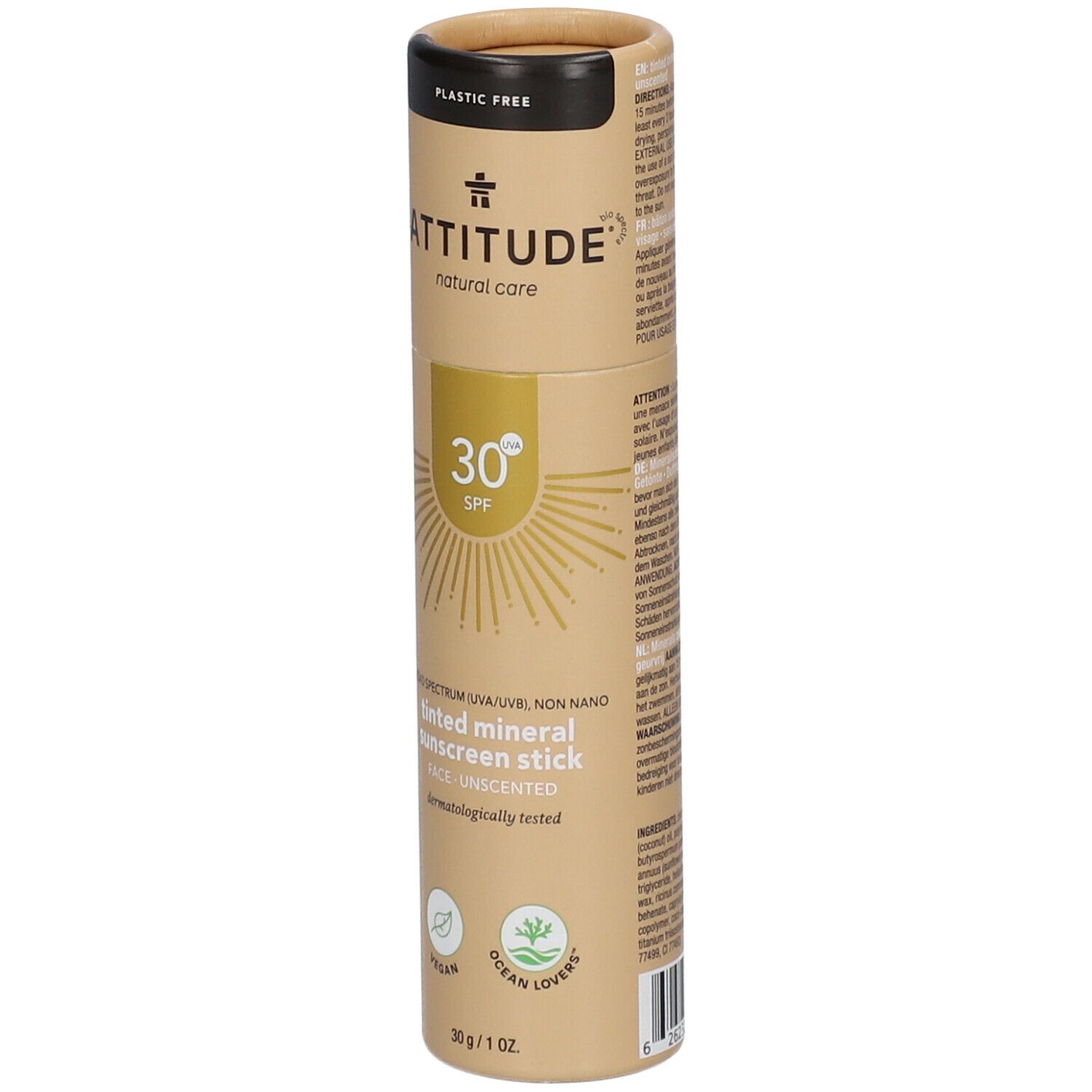 Emballage cylindrique. ATTITUDE stick solaire teinté visage SPF 30. Végétalien, testé dermatologiquement. 30 SPF.