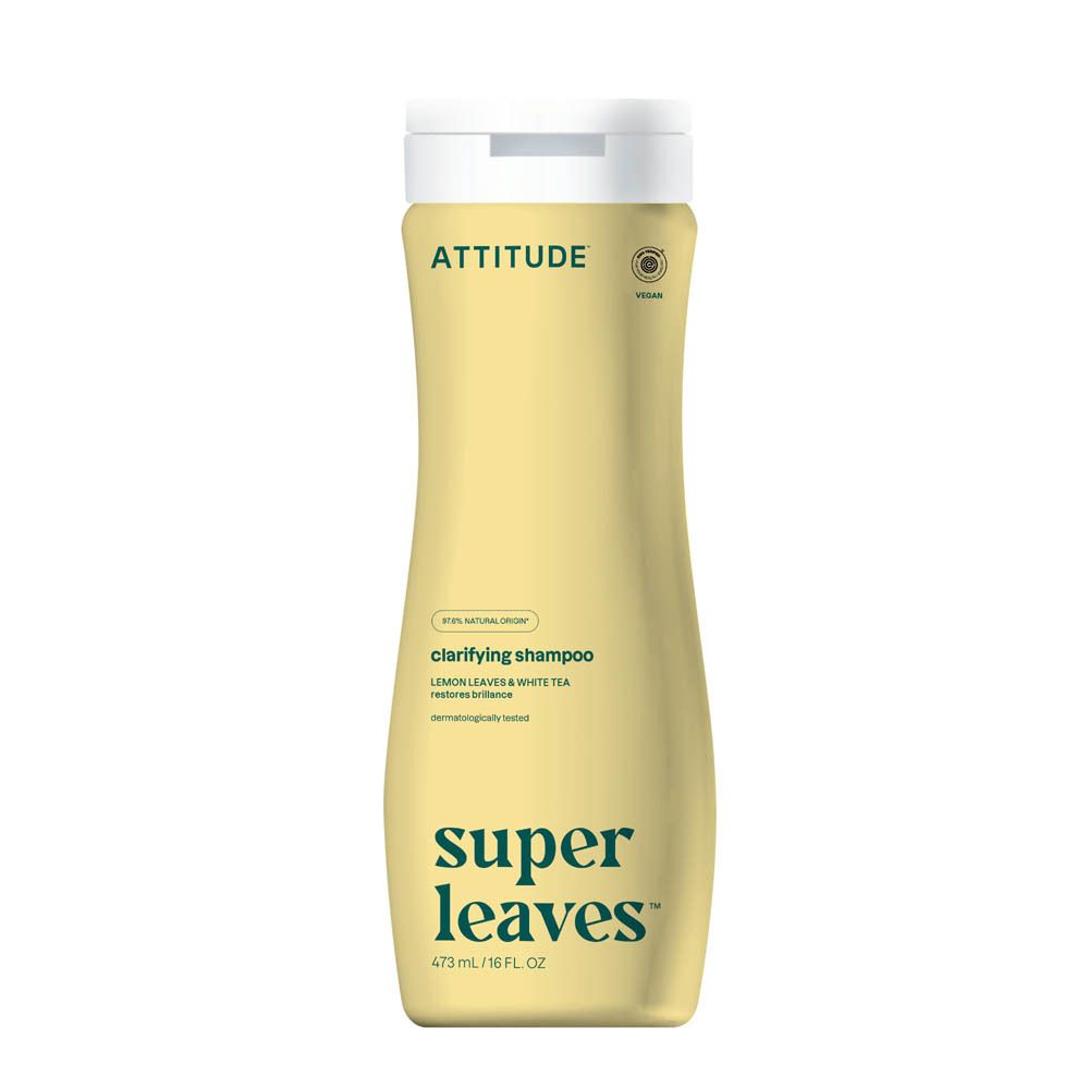 Bouteille jaune ATTITUDE Super Leaves shampoing clarifiant aux feuilles de citron et thé blanc, 473ml.