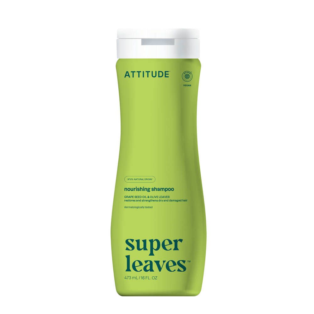 Shampoing Attitude Super Leaves, bouteille 473ml, vert pâle avec motif de feuilles.