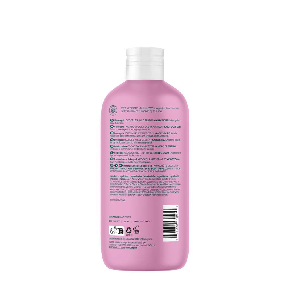 Arrière du gel douche Attitude Super Leaves rose, avec liste d'ingrédients.
