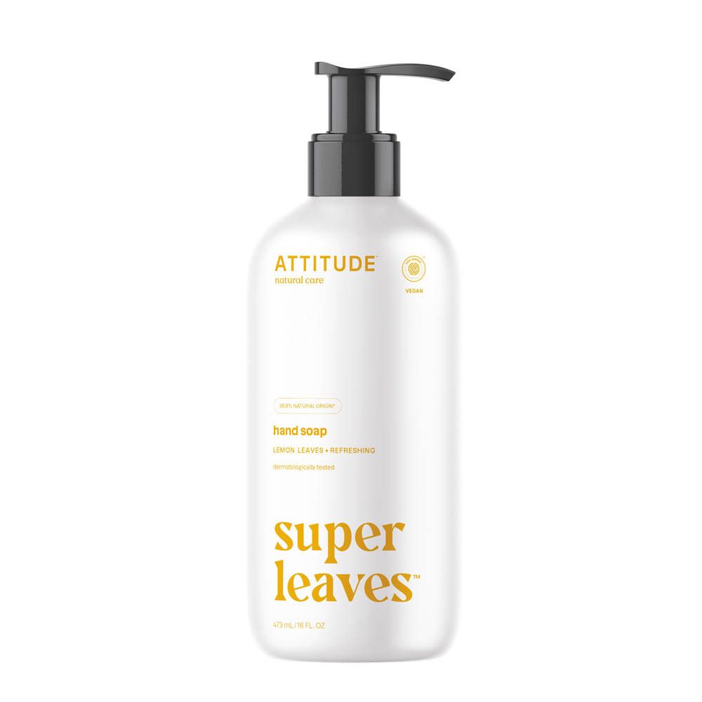 Flacon pompe blanc avec savon pour les mains "Attitude Super Leaves", parfum feuilles de citron.