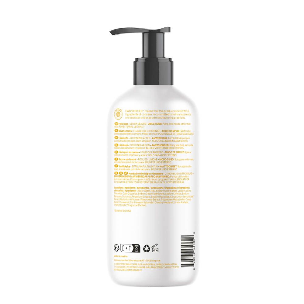 Arrière d'un flacon pompe blanc avec savon pour les mains "Attitude Super Leaves", parfum feuilles de citron.