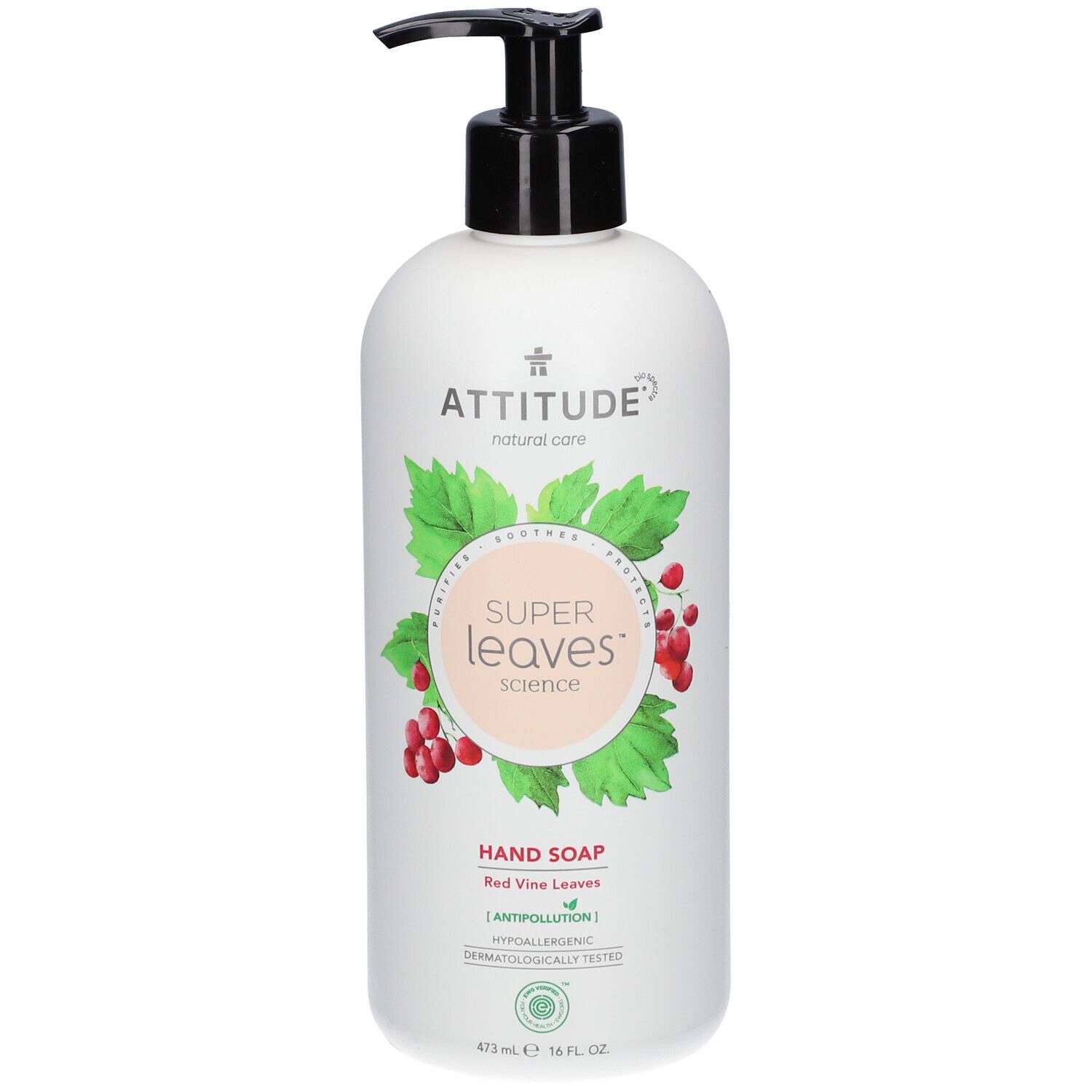 Flacon pompe blanc avec distributeur noir. Étiquette avec 'Super Leaves' et baies rouges.